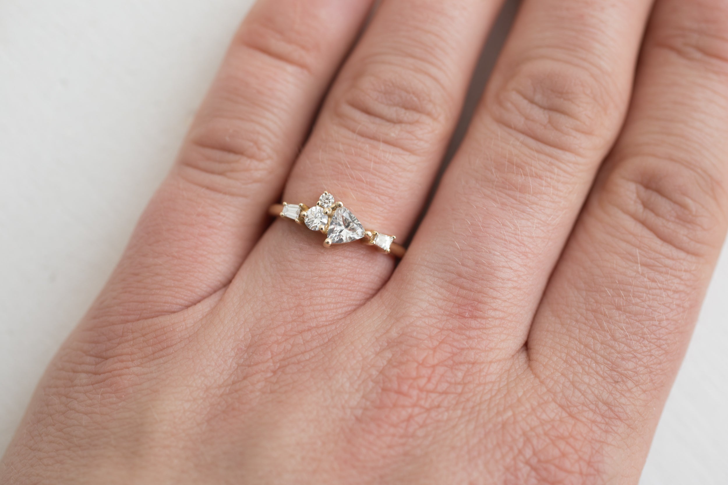 Trillium Ring | Trillion Cut White Sapphire + Diamond Cluster Engagement Ring | 14k Recycled Gold