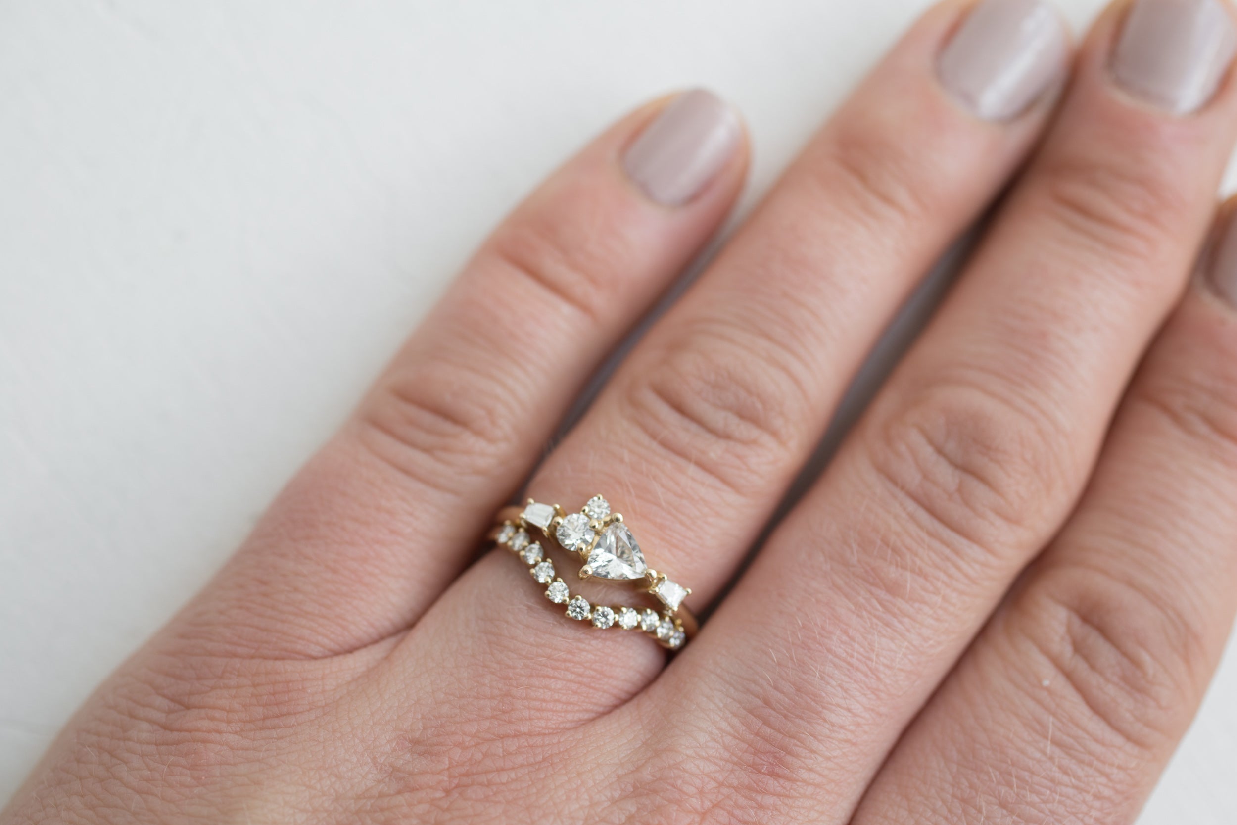 Trillium Ring | Trillion Cut White Sapphire + Diamond Cluster Engagement Ring | 14k Recycled Gold