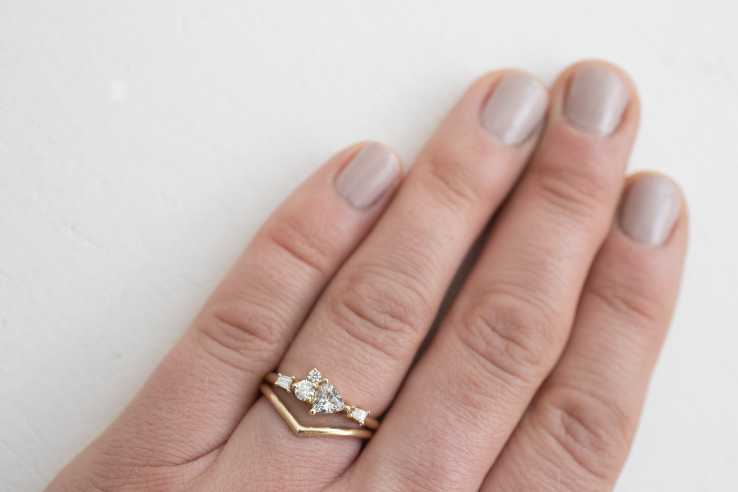 Trillium Ring | Trillion Cut White Sapphire + Diamond Cluster Engagement Ring | 14k Recycled Gold
