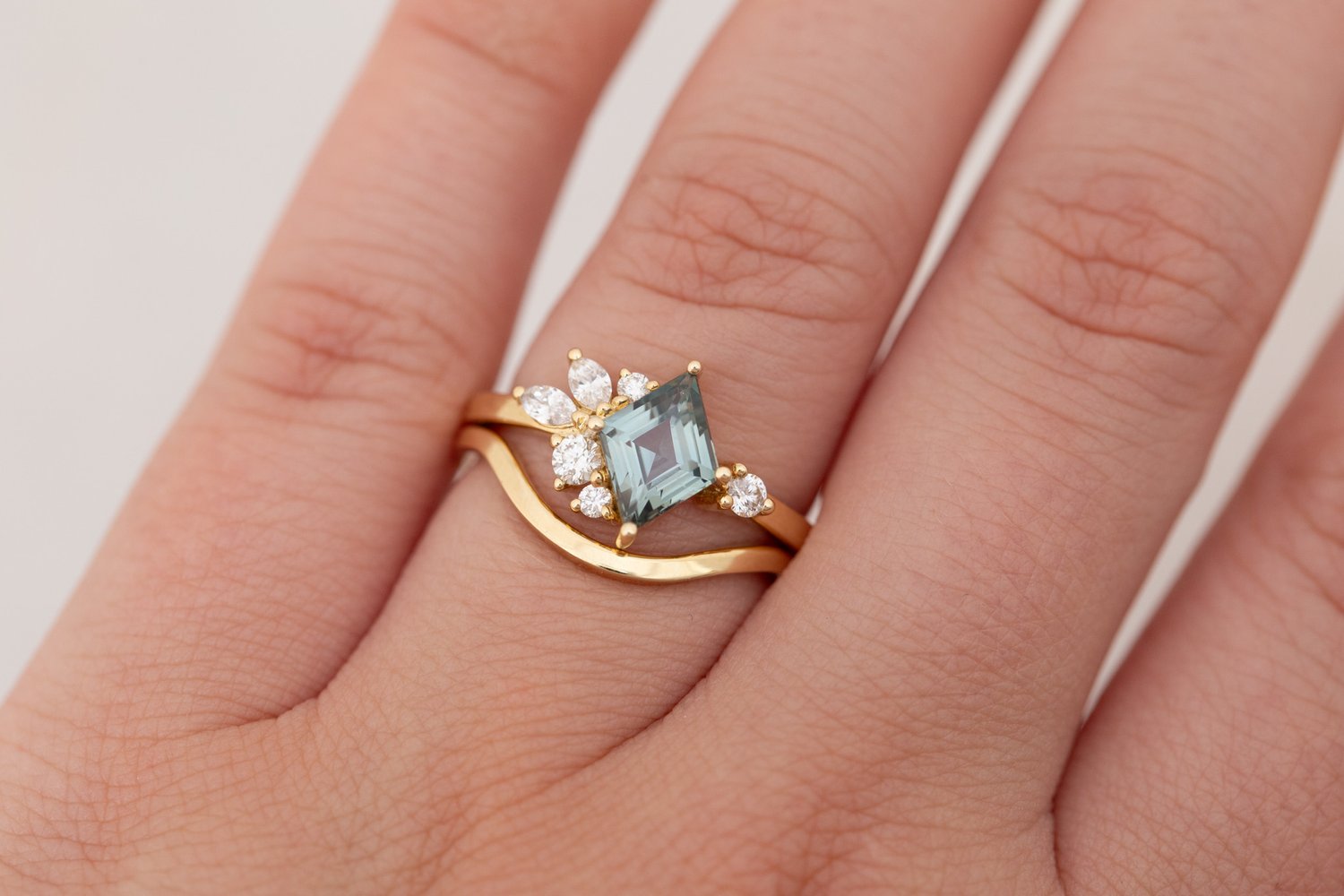 Alden Ring | Mint Montana Sapphire Rhombus + Diamond Cluster Engagement Ring 1.23 ct | 14k Recycled Gold | One of a Kind