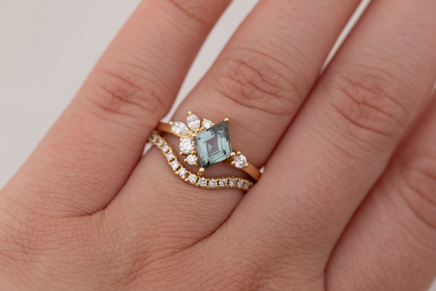Alden Ring | Mint Montana Sapphire Rhombus + Diamond Cluster Engagement Ring 1.23 ct | 14k Recycled Gold | One of a Kind