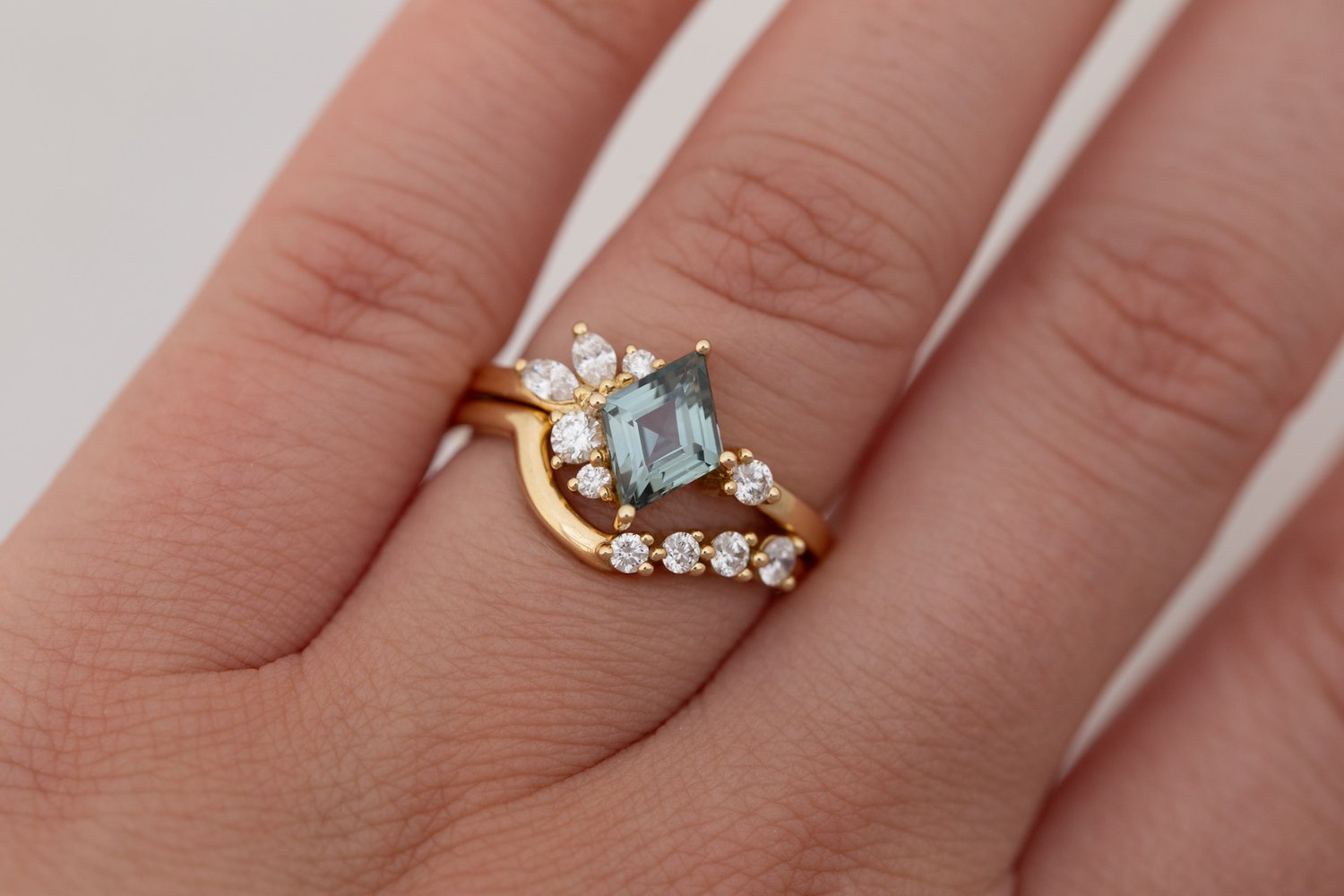 Alden Ring | Mint Montana Sapphire Rhombus + Diamond Cluster Engagement Ring 1.23 ct | 14k Recycled Gold | One of a Kind