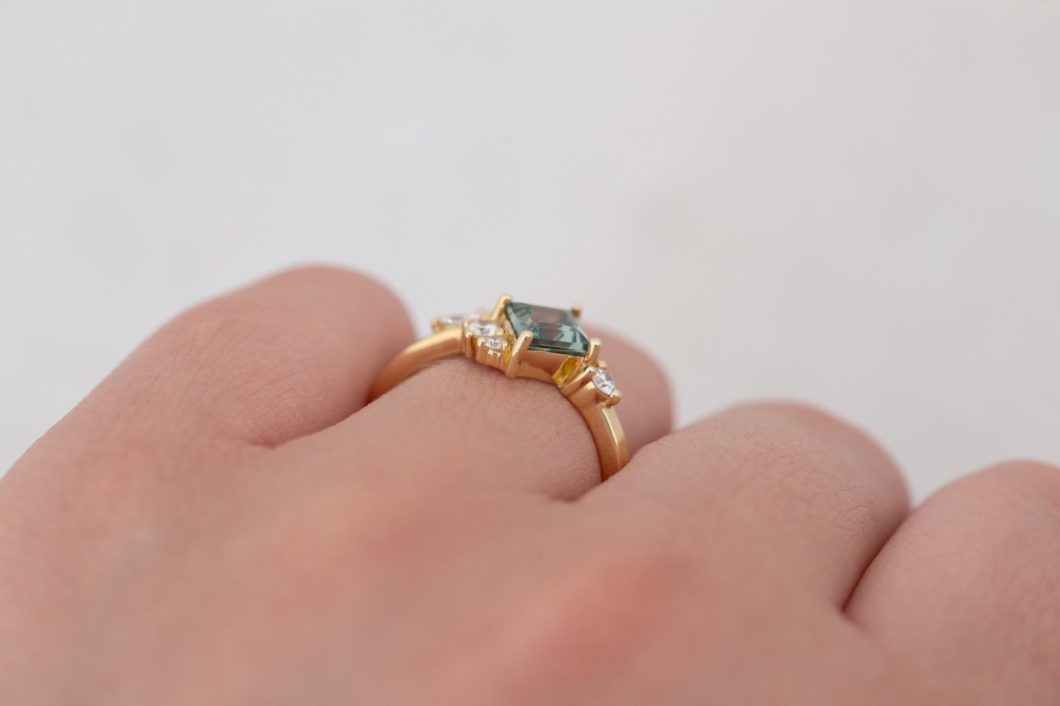Alden Ring | Mint Montana Sapphire Rhombus + Diamond Cluster Engagement Ring 1.23 ct | 14k Recycled Gold | One of a Kind