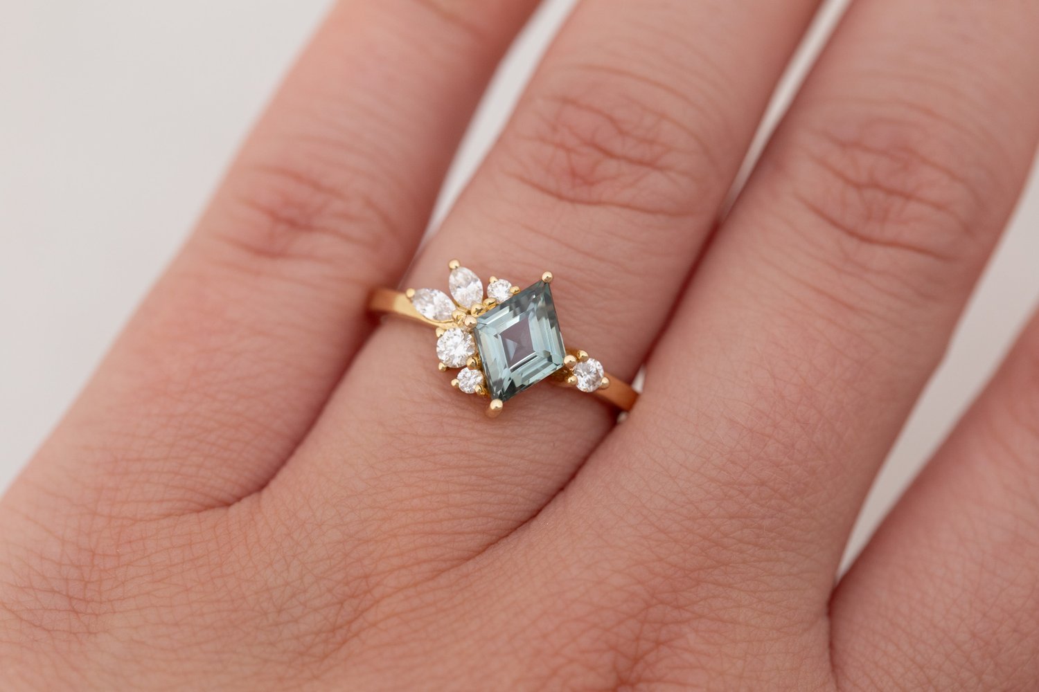 Alden Ring | Mint Montana Sapphire Rhombus + Diamond Cluster Engagement Ring 1.23 ct | 14k Recycled Gold | One of a Kind