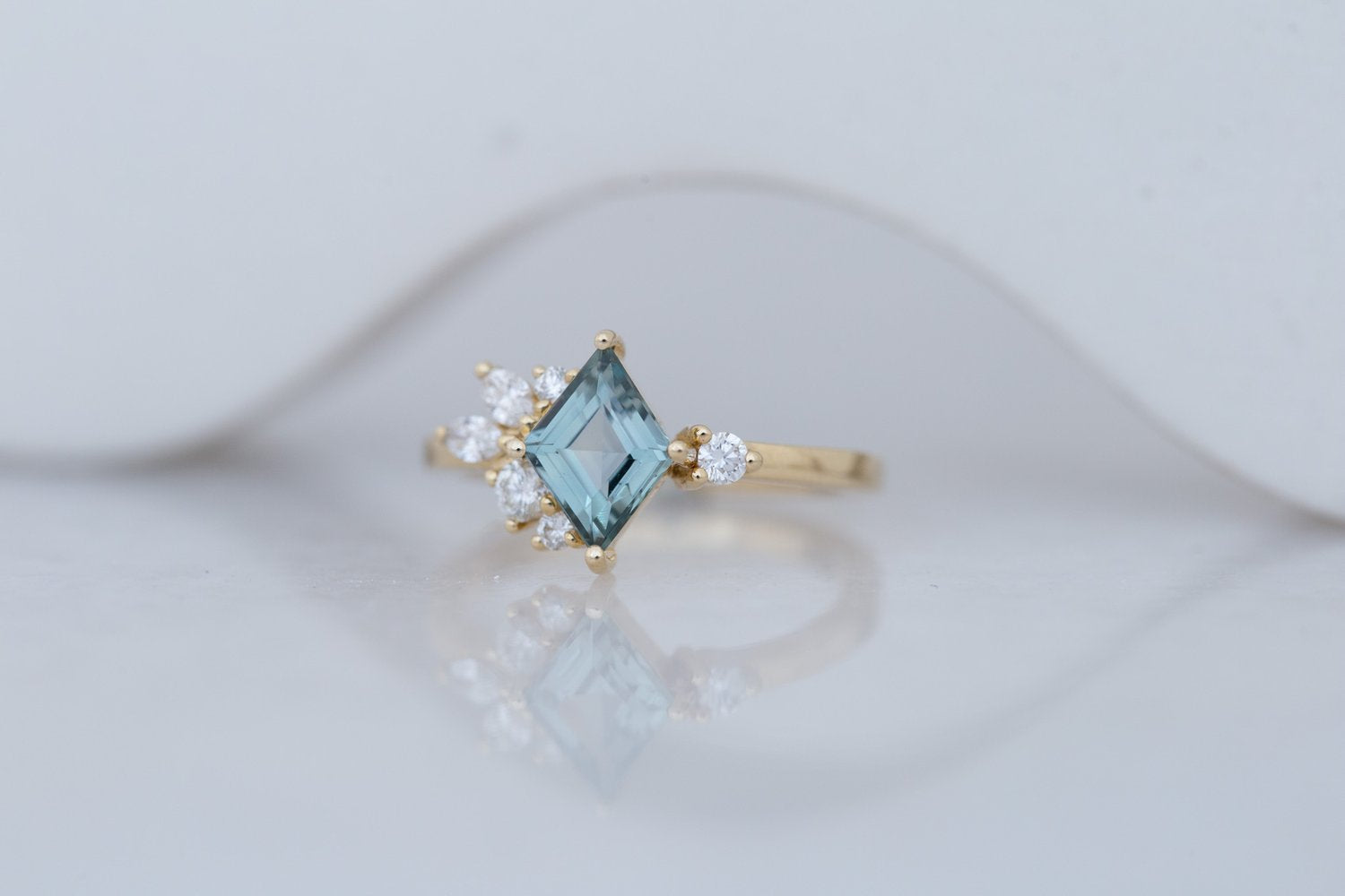 Alden Ring | Mint Montana Sapphire Rhombus + Diamond Cluster Engagement Ring 1.23 ct | 14k Recycled Gold | One of a Kind