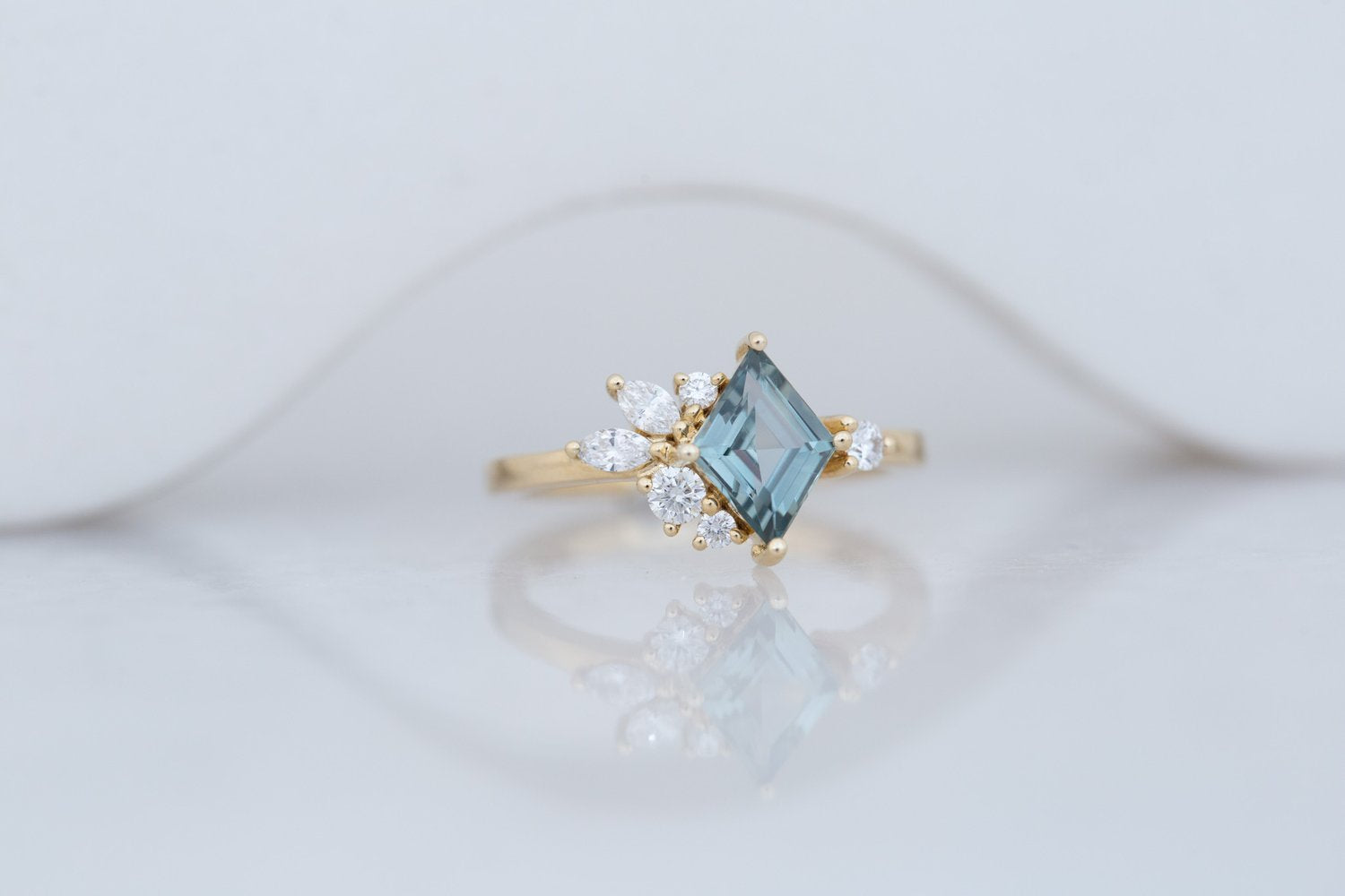 Alden Ring | Mint Montana Sapphire Rhombus + Diamond Cluster Engagement Ring 1.23 ct | 14k Recycled Gold | One of a Kind