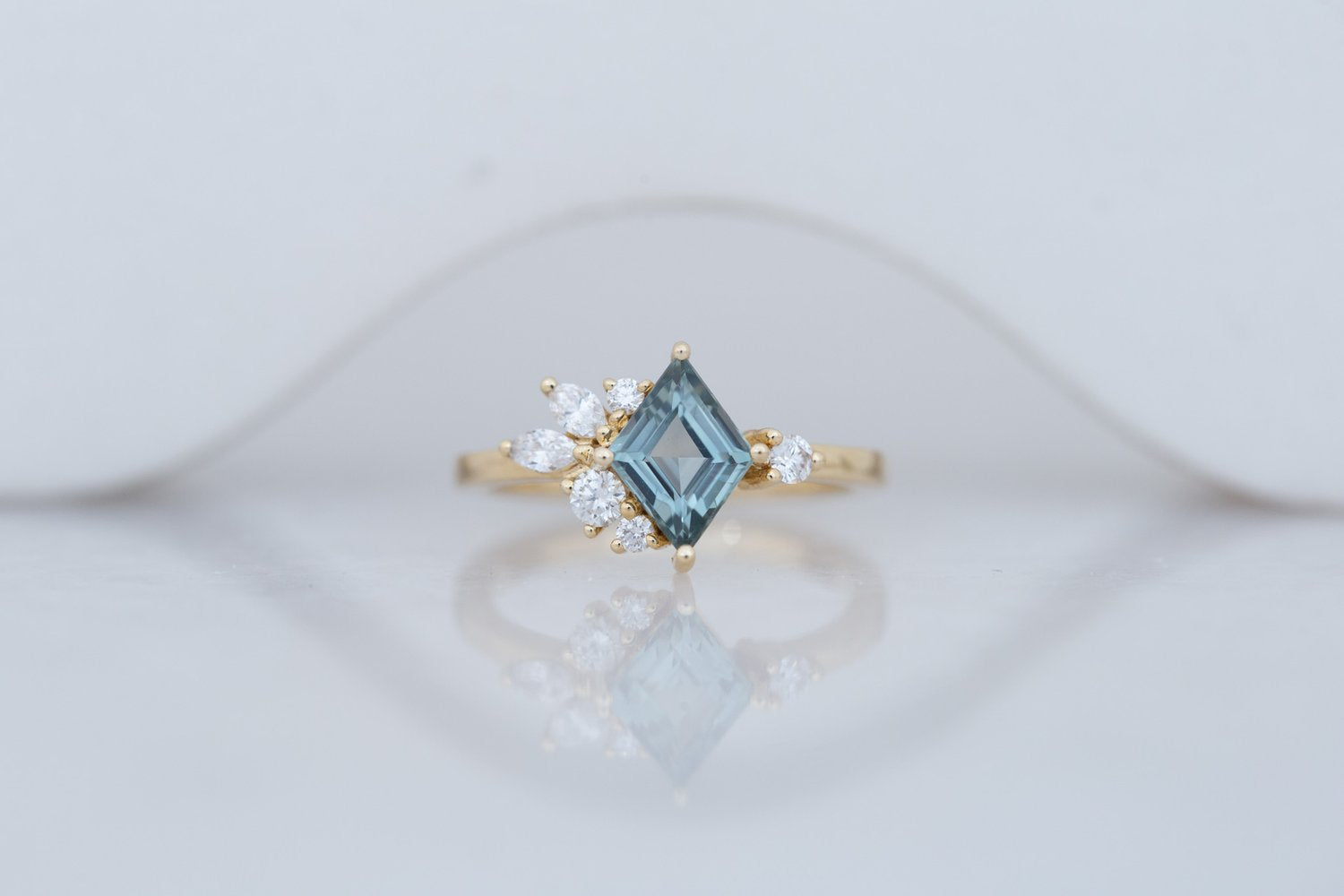 Alden Ring | Mint Montana Sapphire Rhombus + Diamond Cluster Engagement Ring 1.23 ct | 14k Recycled Gold | One of a Kind