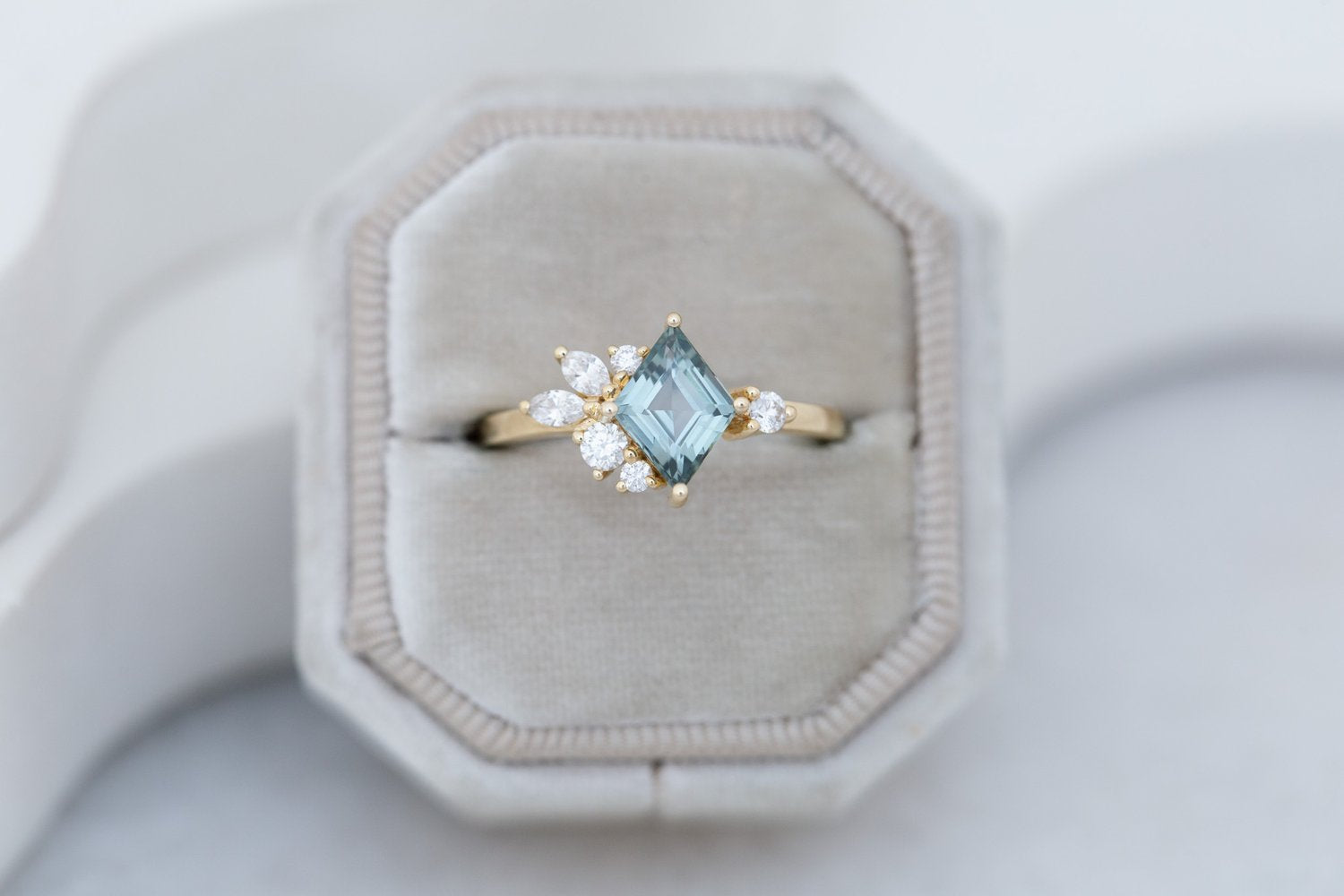 Alden Ring | Mint Montana Sapphire Rhombus + Diamond Cluster Engagement Ring 1.23 ct | 14k Recycled Gold | One of a Kind