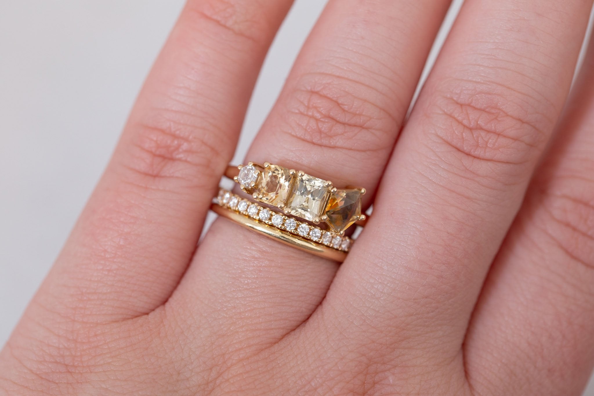 Yellow Sapphire Line Ring | Yellow Sapphires + Diamond Engagement Ring | 14k Recycled Gold | One of a Kind