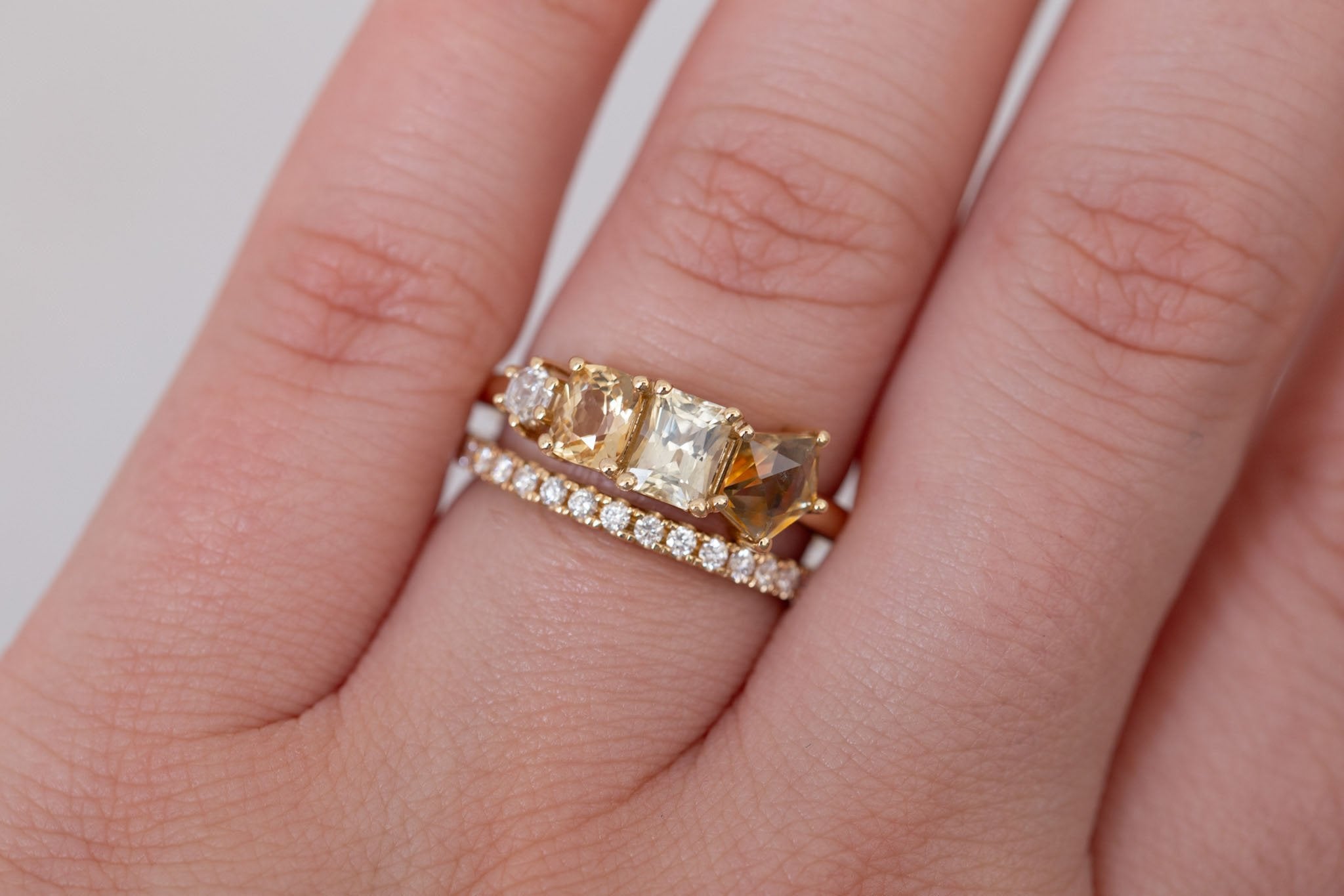 Yellow Sapphire Line Ring | Yellow Sapphires + Diamond Engagement Ring | 14k Recycled Gold | One of a Kind