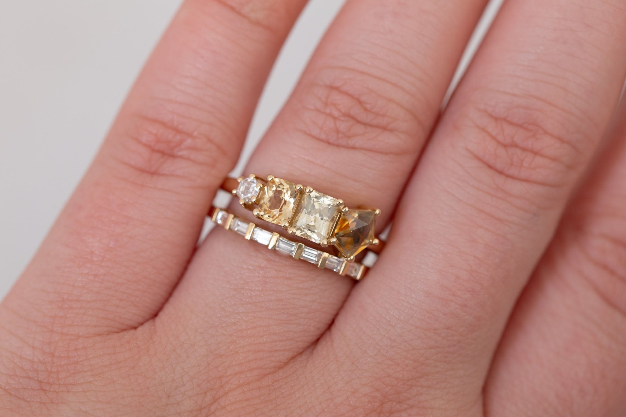 Yellow Sapphire Line Ring | Yellow Sapphires + Diamond Engagement Ring | 14k Recycled Gold | One of a Kind