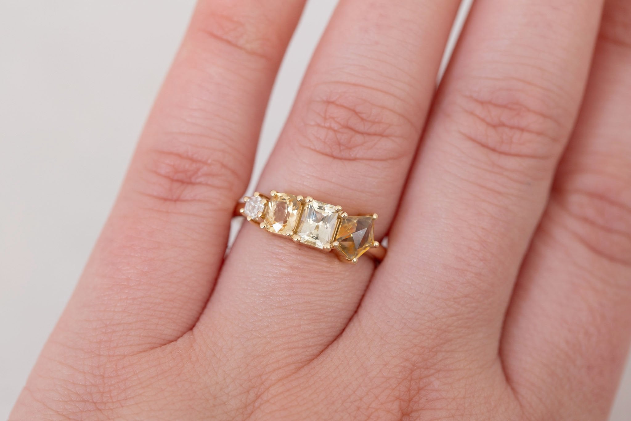 Yellow Sapphire Line Ring | Yellow Sapphires + Diamond Engagement Ring | 14k Recycled Gold | One of a Kind