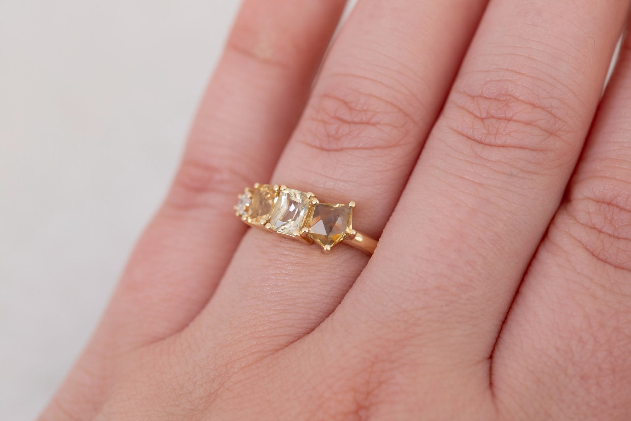Yellow Sapphire Line Ring | Yellow Sapphires + Diamond Engagement Ring | 14k Recycled Gold | One of a Kind