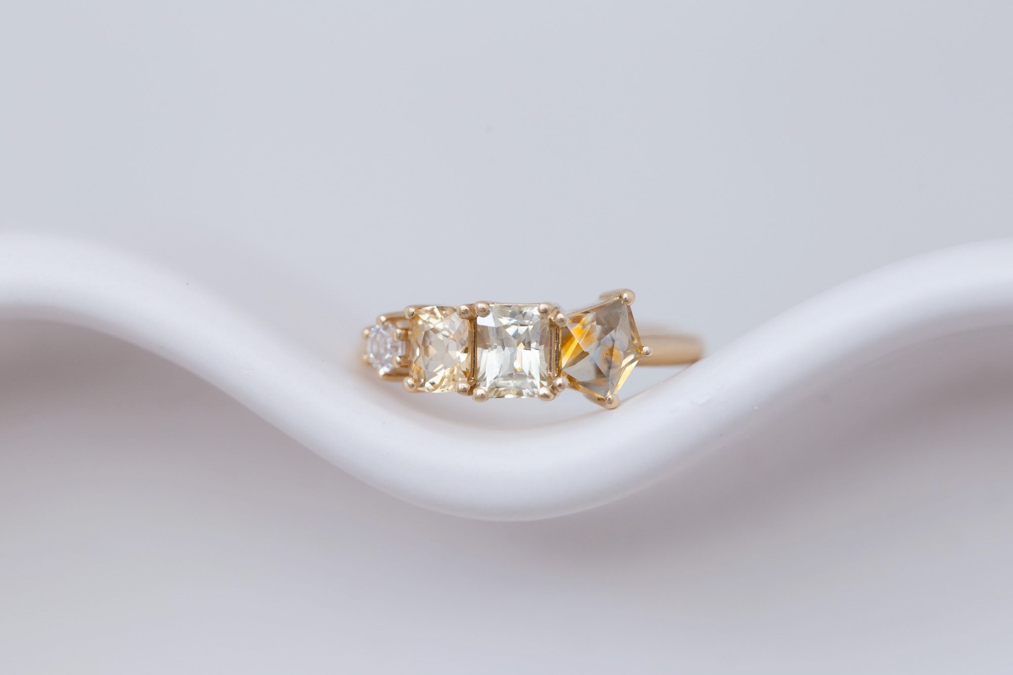 Yellow Sapphire Line Ring | Yellow Sapphires + Diamond Engagement Ring | 14k Recycled Gold | One of a Kind