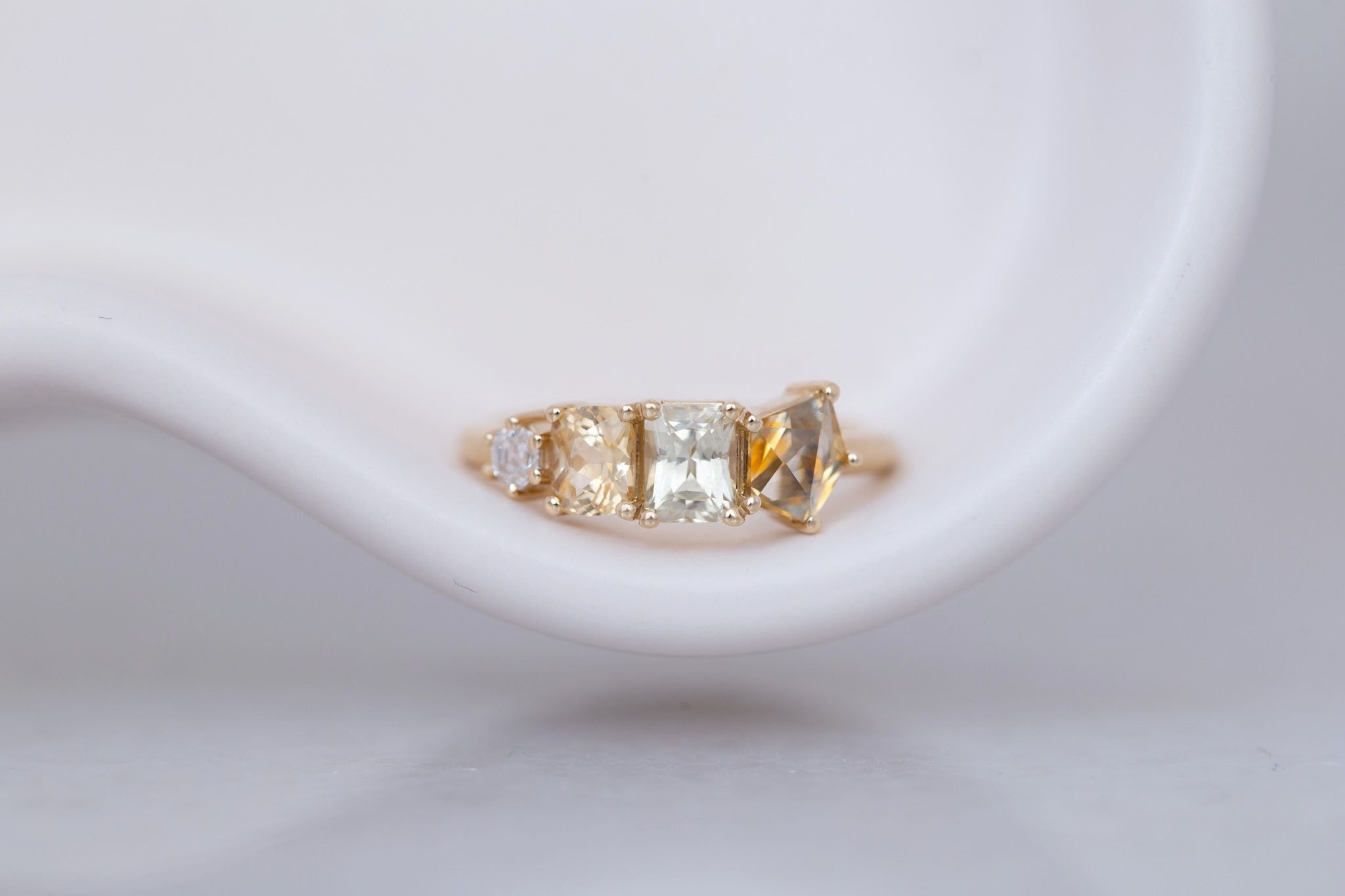 Yellow Sapphire Line Ring | Yellow Sapphires + Diamond Engagement Ring | 14k Recycled Gold | One of a Kind