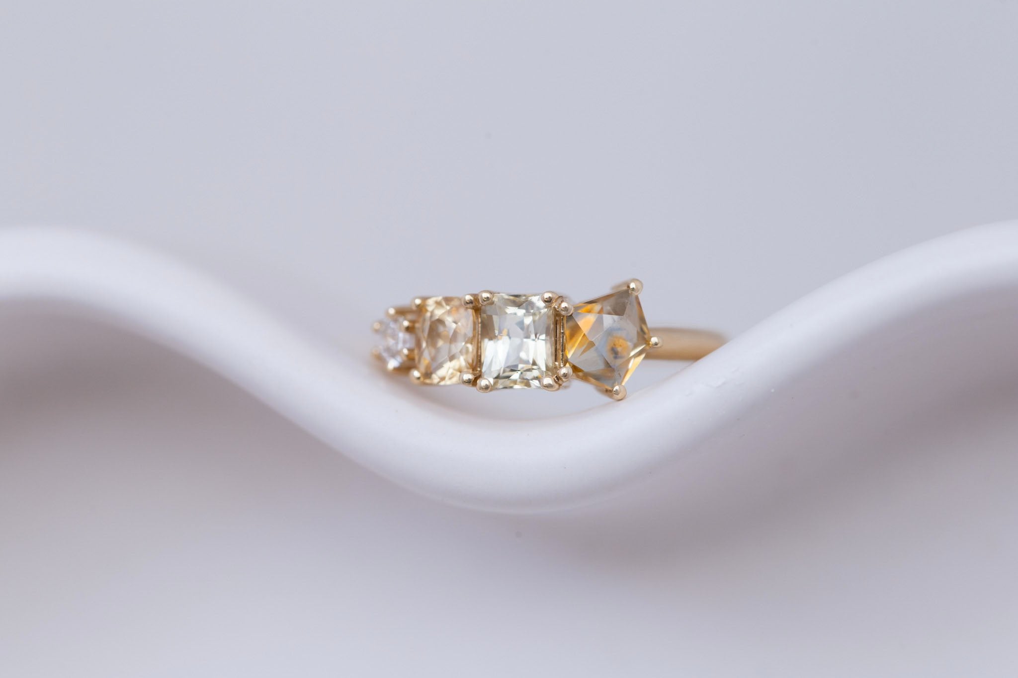 Yellow Sapphire Line Ring | Yellow Sapphires + Diamond Engagement Ring | 14k Recycled Gold | One of a Kind