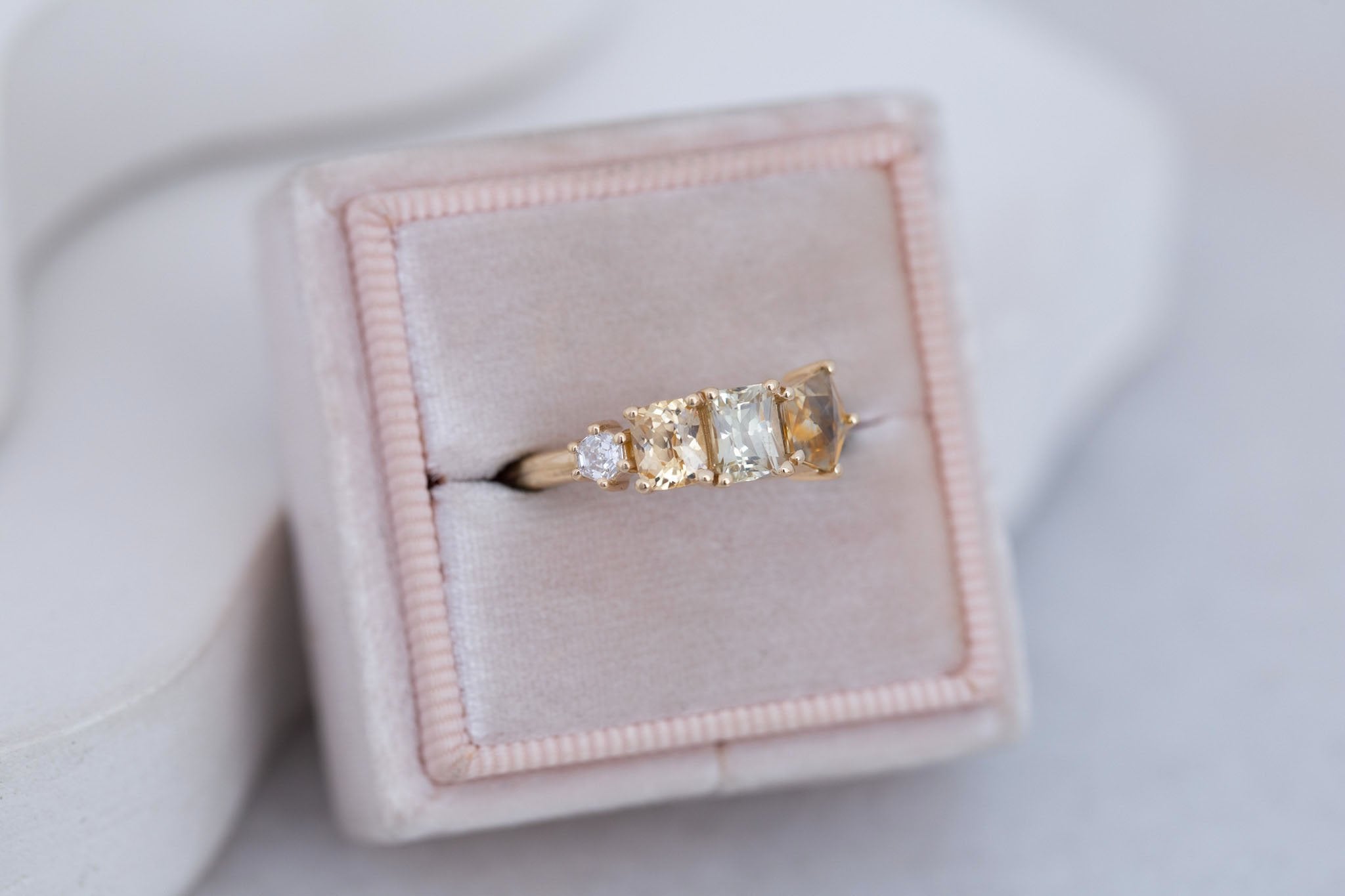 Yellow Sapphire Line Ring | Yellow Sapphires + Diamond Engagement Ring | 14k Recycled Gold | One of a Kind