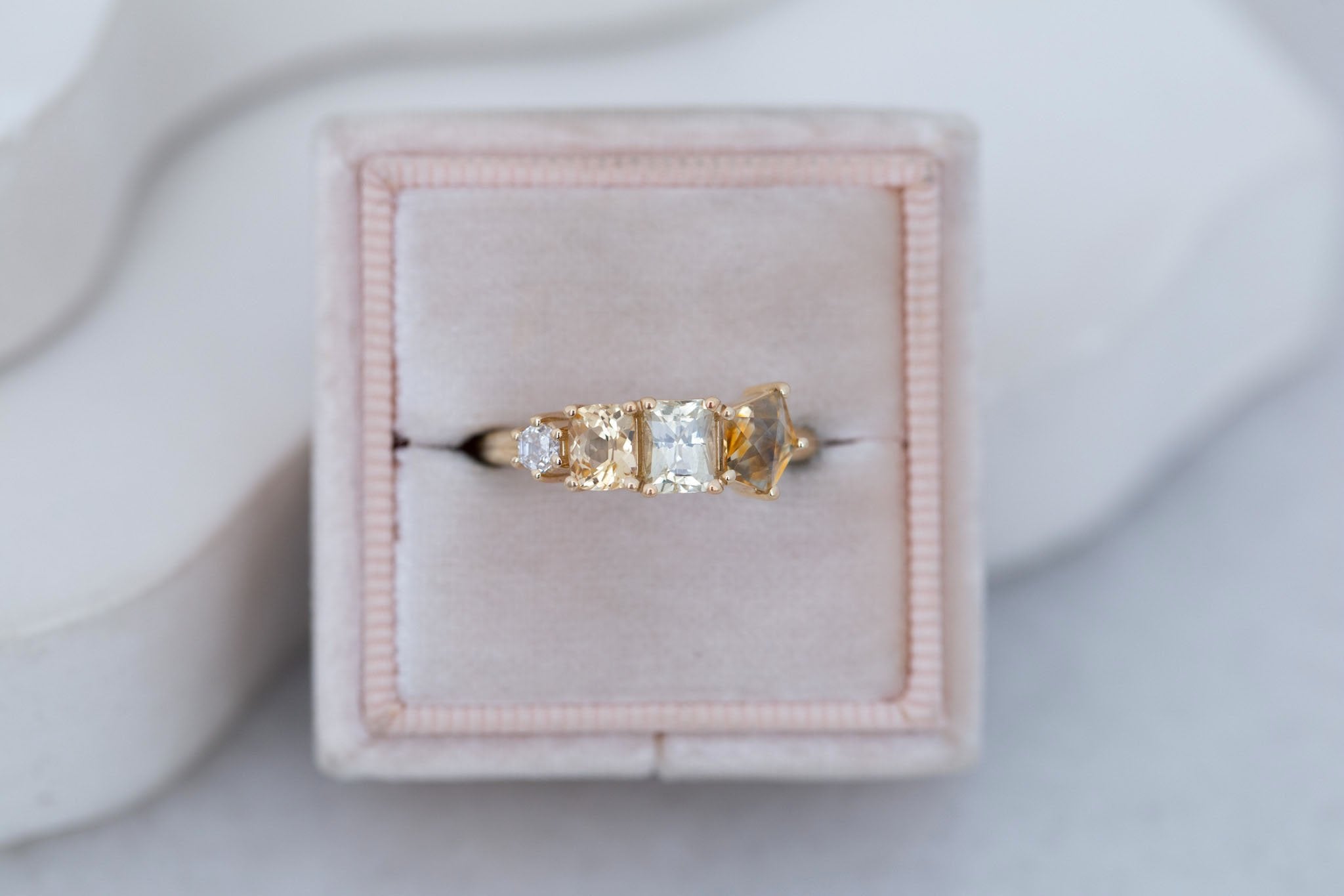 Yellow Sapphire Line Ring | Yellow Sapphires + Diamond Engagement Ring | 14k Recycled Gold | One of a Kind