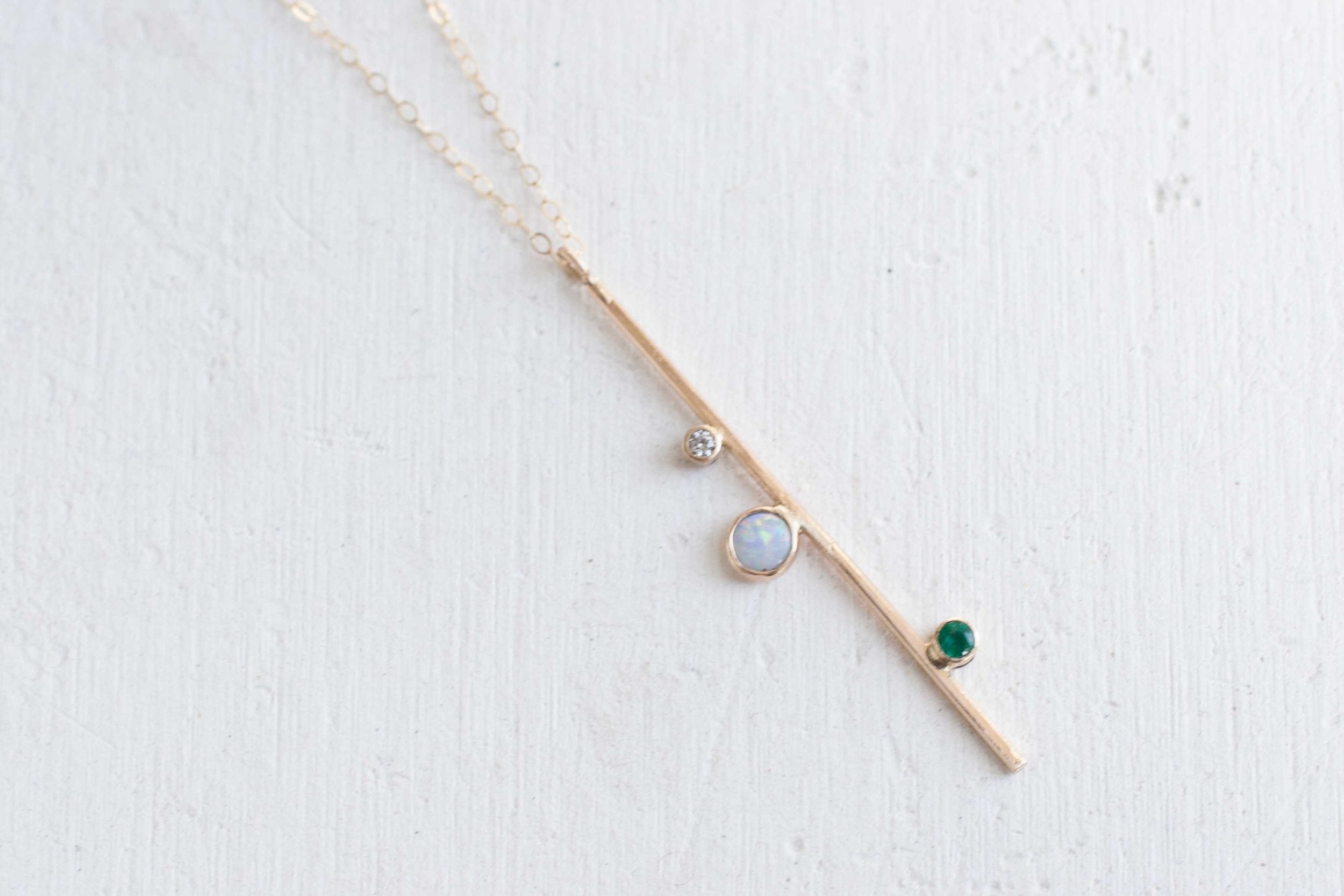 Opal, Emerald, + Diamond Bar Necklace | 14k Gold Necklace