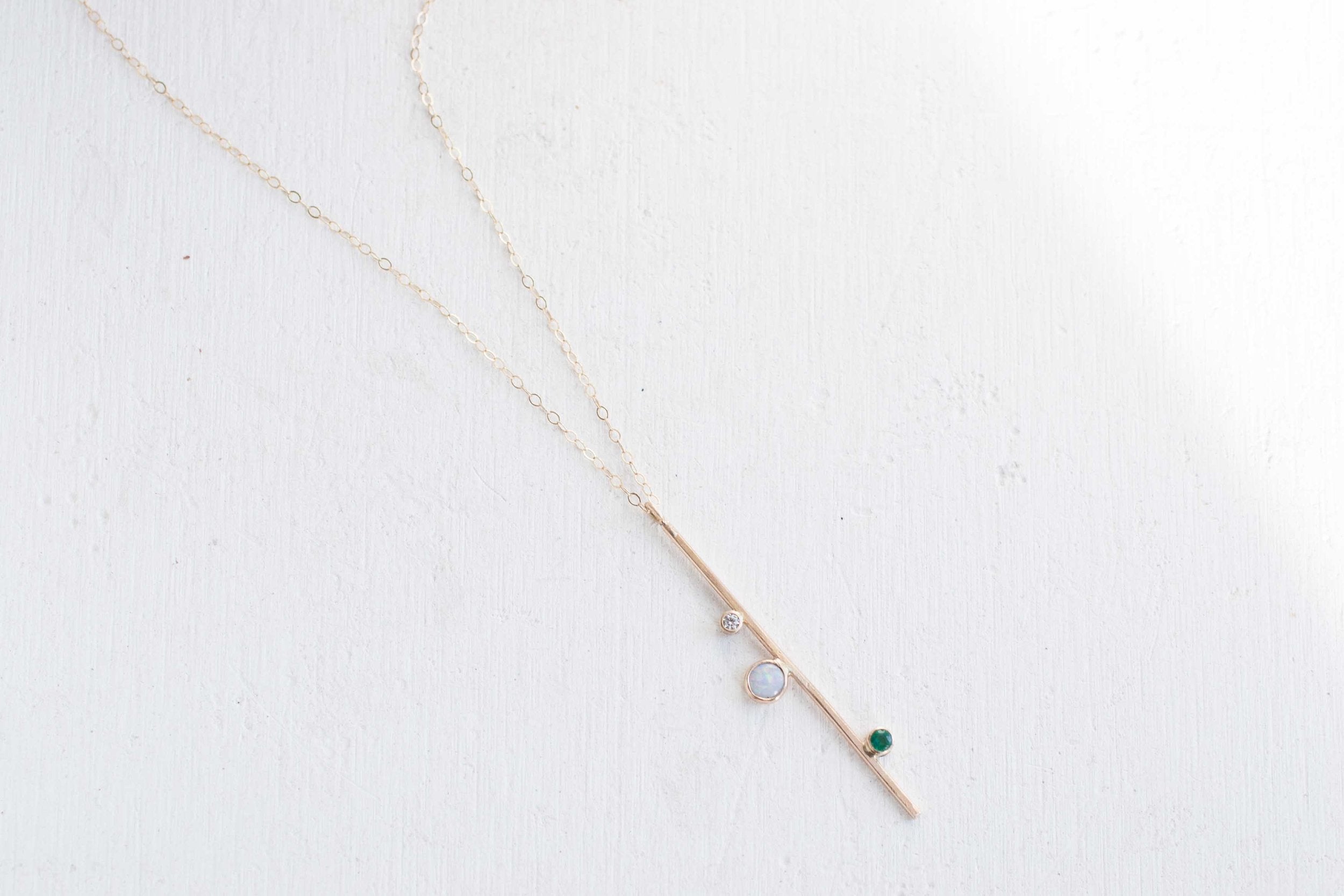 Opal, Emerald, + Diamond Bar Necklace | 14k Gold Necklace