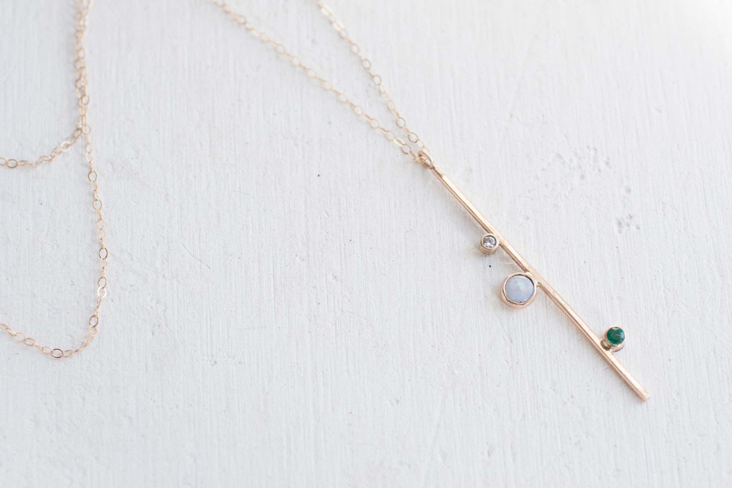 Opal, Emerald, + Diamond Bar Necklace | 14k Gold Necklace