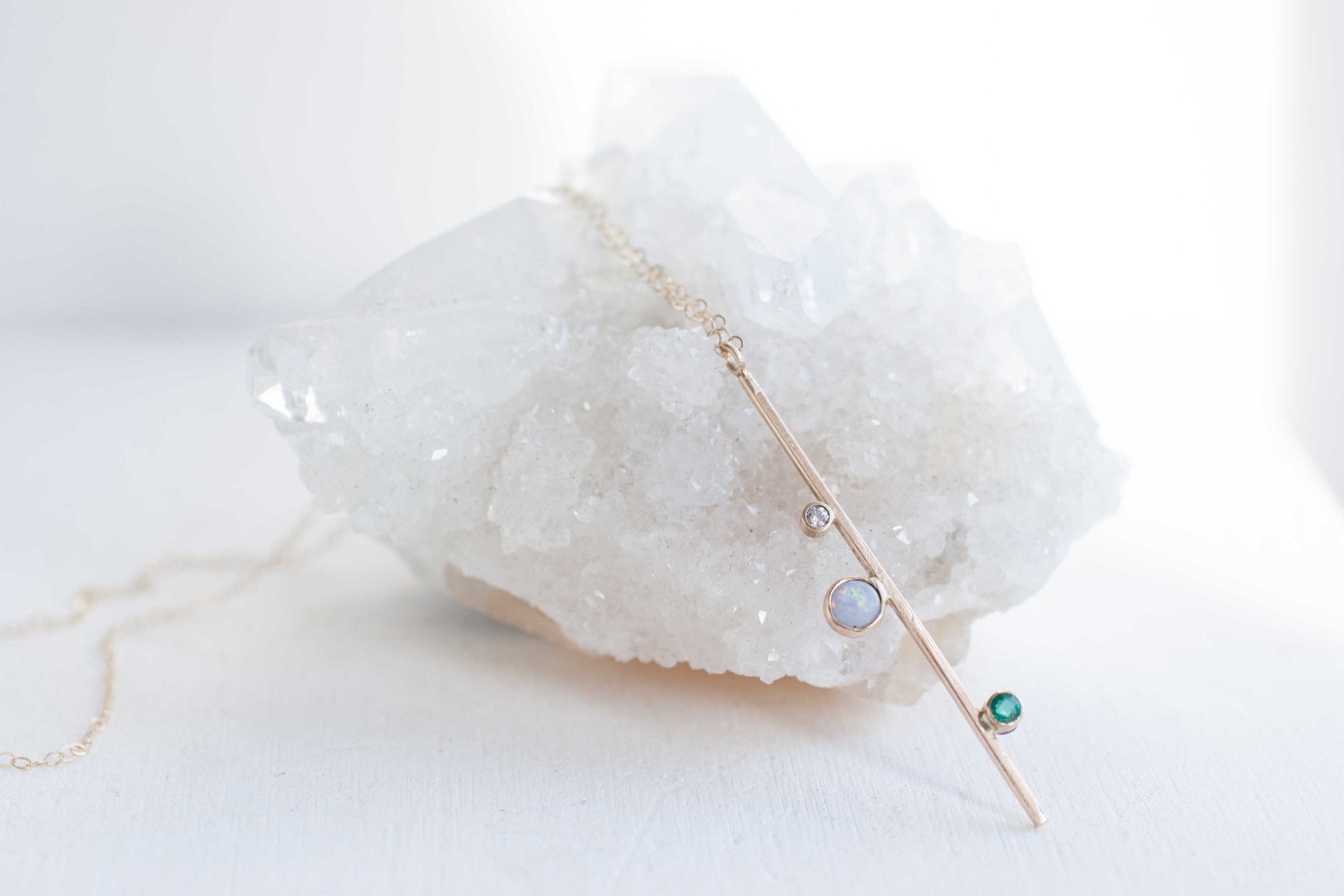 Opal, Emerald, + Diamond Bar Necklace | 14k Gold Necklace
