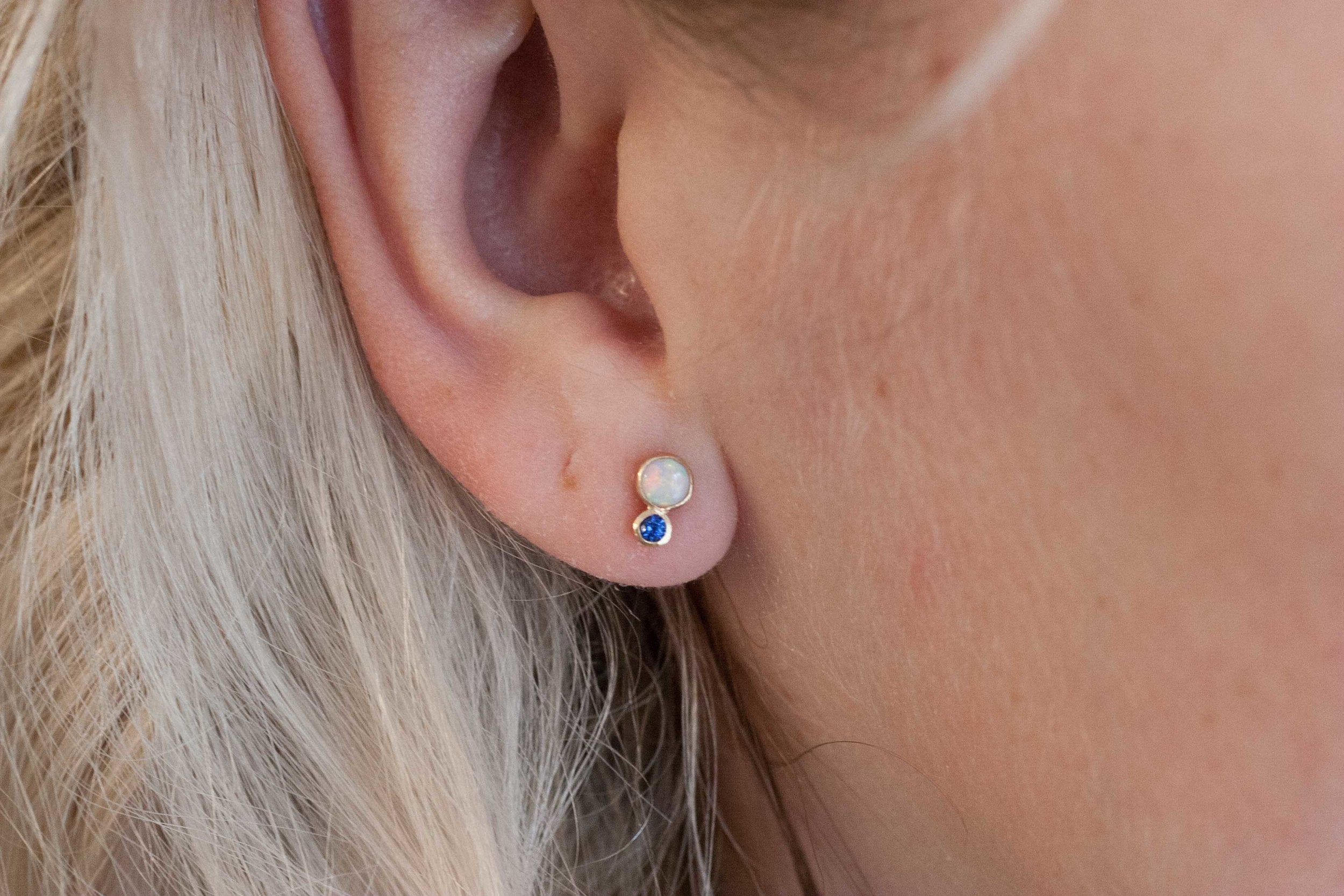 White Australian Opal + Sapphire Earrings | 14k Recycled Gold