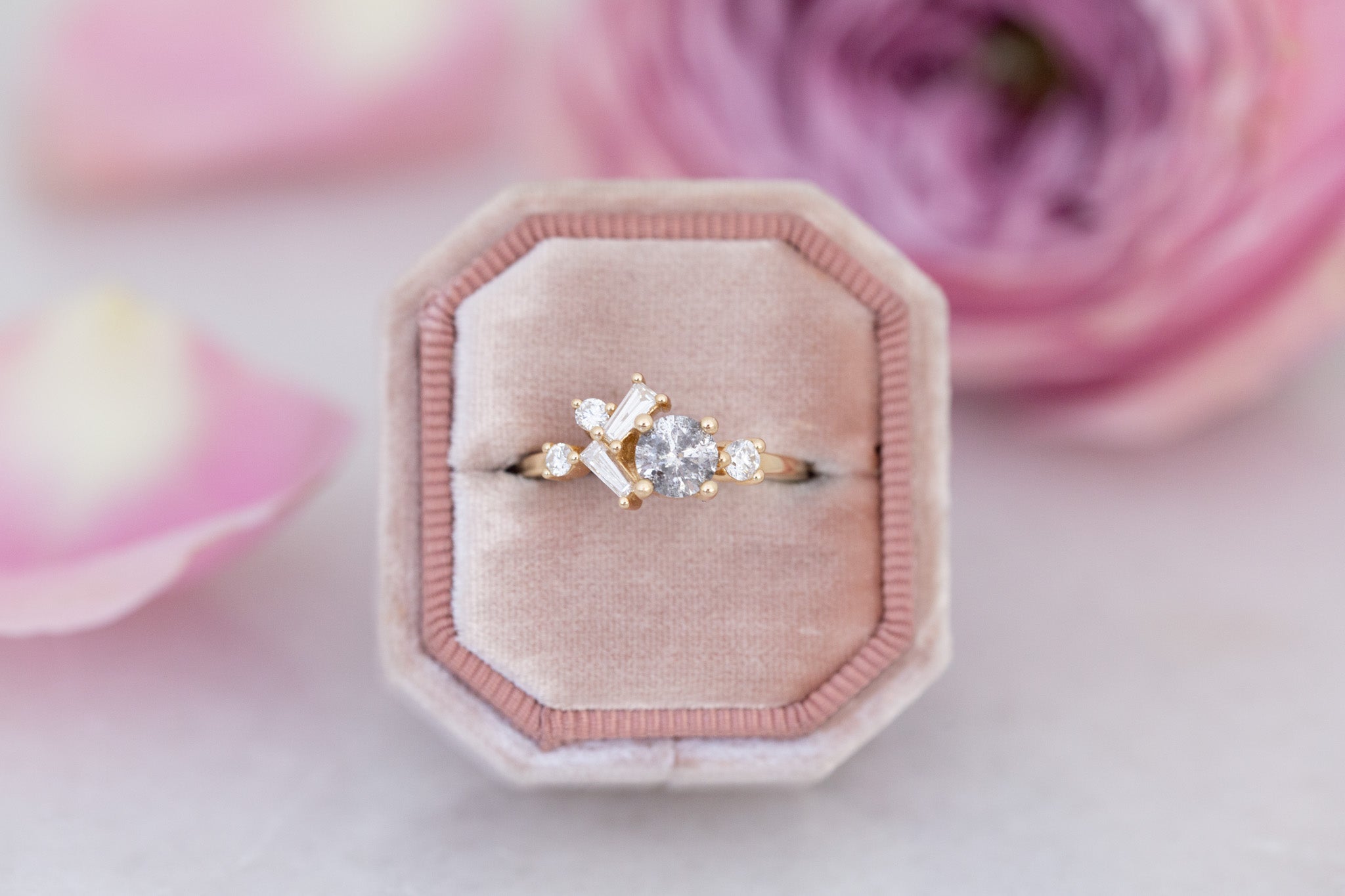 Rowan Ring | Salt and Pepper Diamond + Diamond Cluster Engagement Ring 0.71 ct | 14k Recycled Gold | One of a Kind