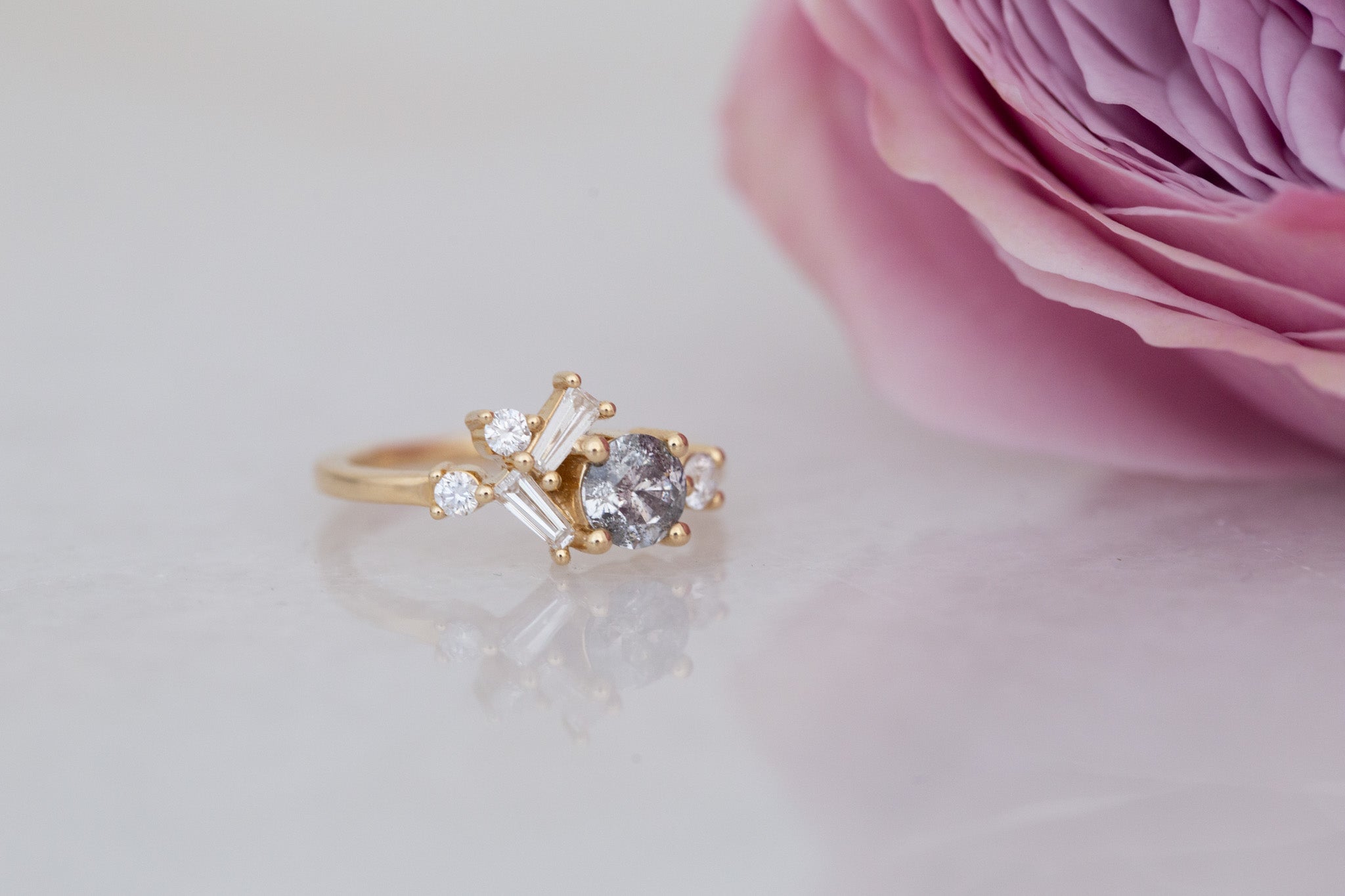 Rowan Ring | Salt and Pepper Diamond + Diamond Cluster Engagement Ring 0.71 ct | 14k Recycled Gold | One of a Kind