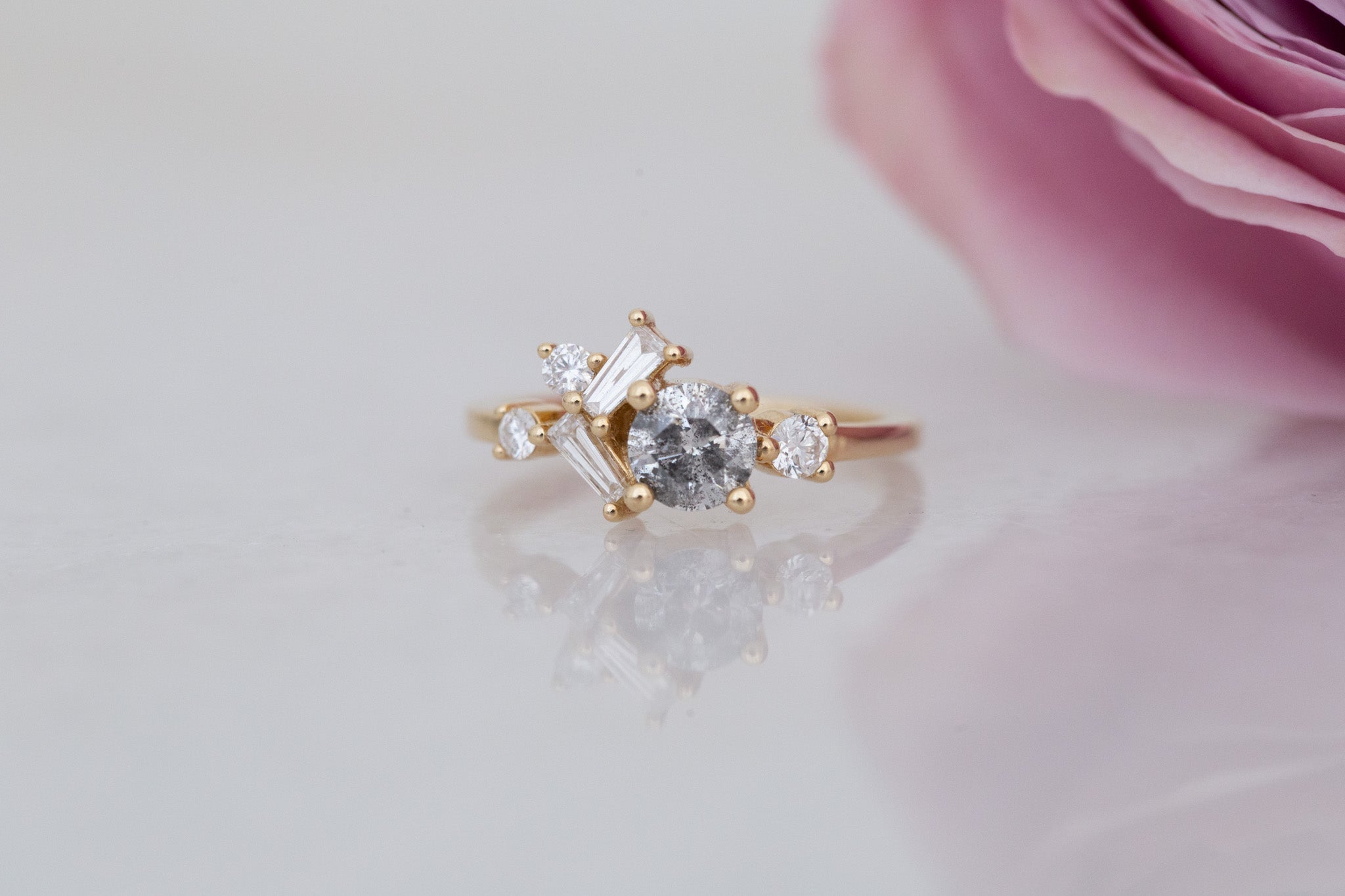 Rowan Ring | Salt and Pepper Diamond + Diamond Cluster Engagement Ring 0.71 ct | 14k Recycled Gold | One of a Kind