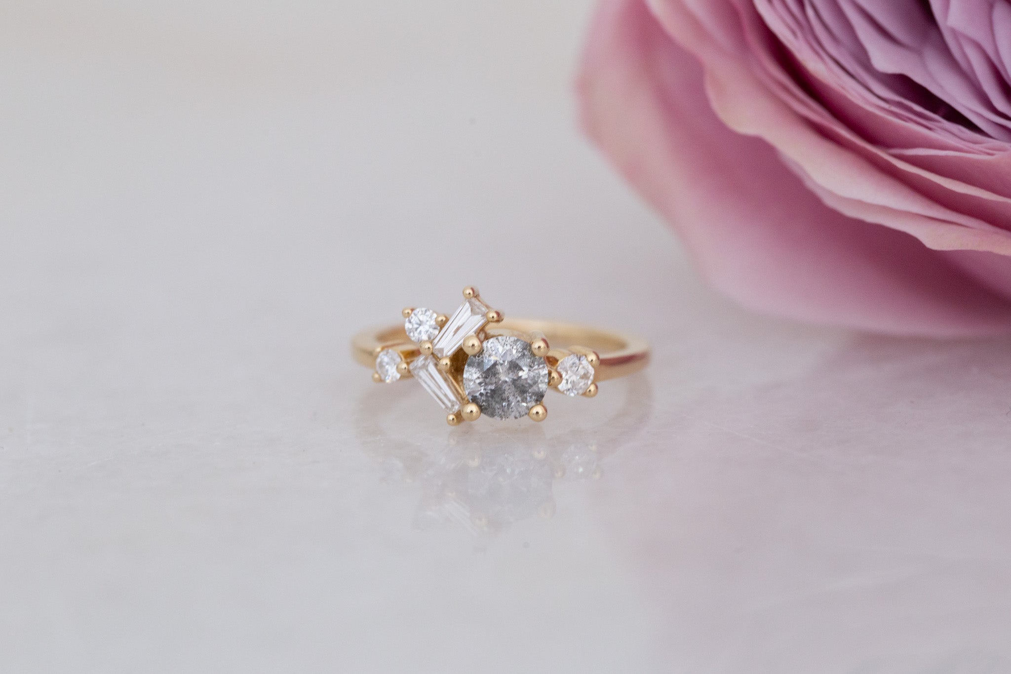 Rowan Ring | Salt and Pepper Diamond + Diamond Cluster Engagement Ring 0.71 ct | 14k Recycled Gold | One of a Kind