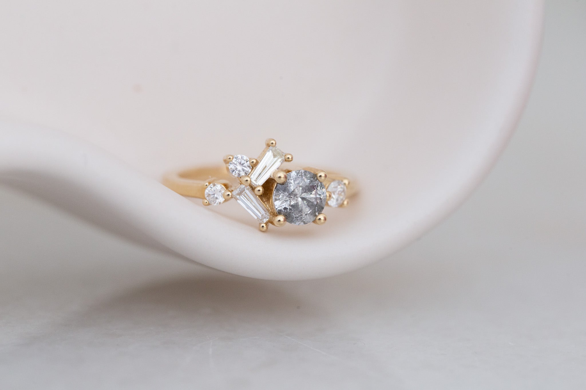 Rowan Ring | Salt and Pepper Diamond + Diamond Cluster Engagement Ring 0.71 ct | 14k Recycled Gold | One of a Kind