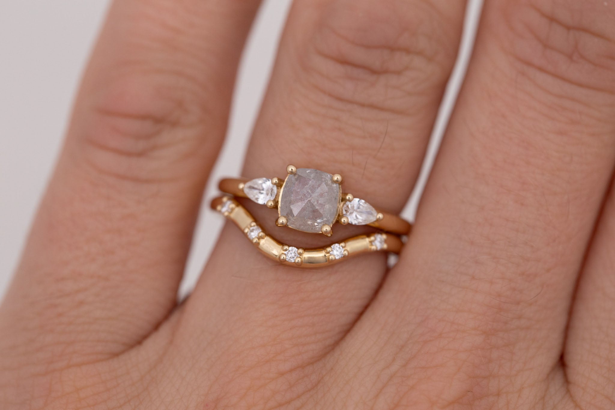 Iris Ring | Salt and Pepper Cushion Cut Diamond + Pear Diamond Accent Engagement Ring 0.84 ct | 14k Recycled Gold | One of a Kind