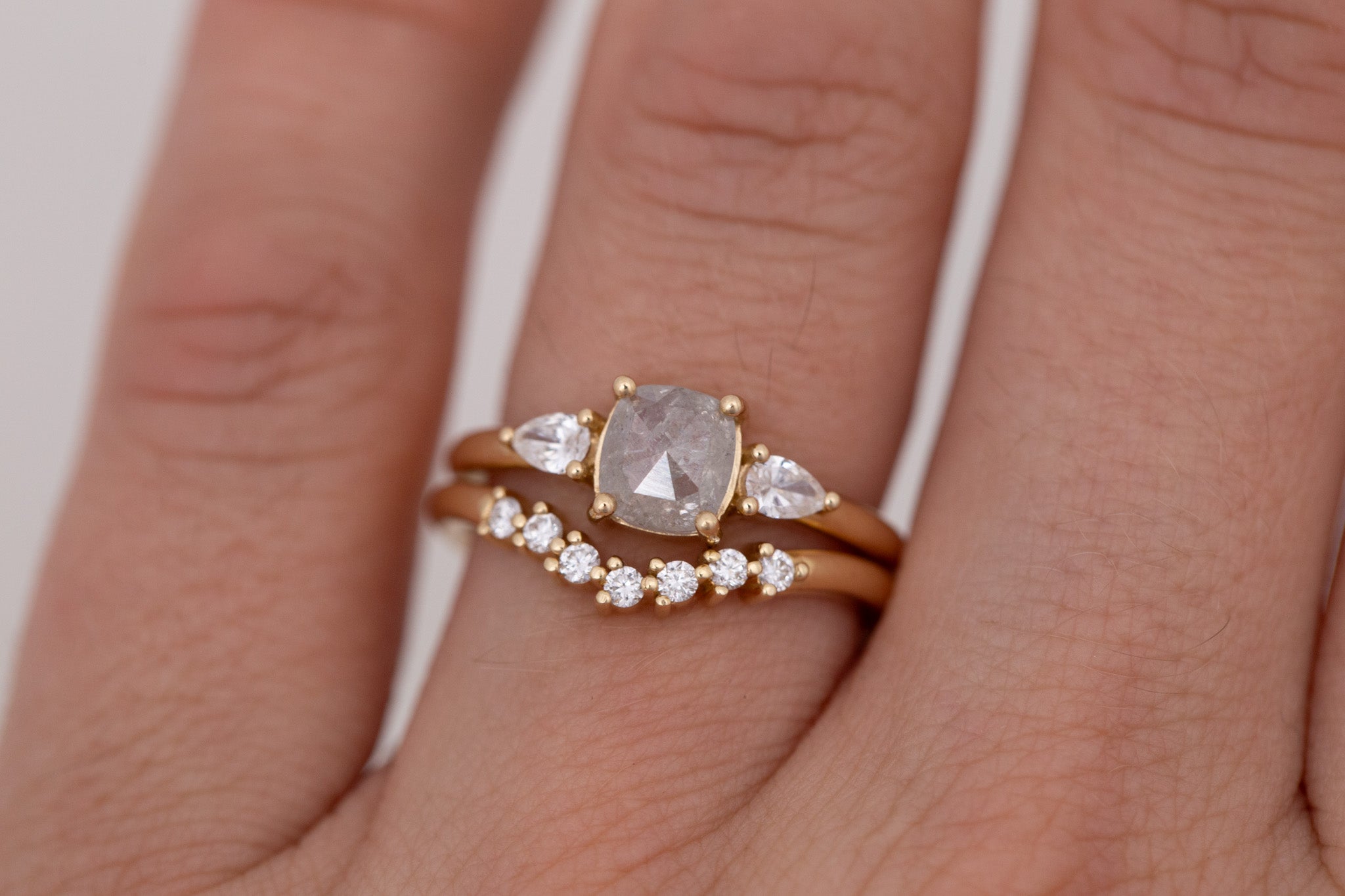Iris Ring | Salt and Pepper Cushion Cut Diamond + Pear Diamond Accent Engagement Ring 0.84 ct | 14k Recycled Gold | One of a Kind