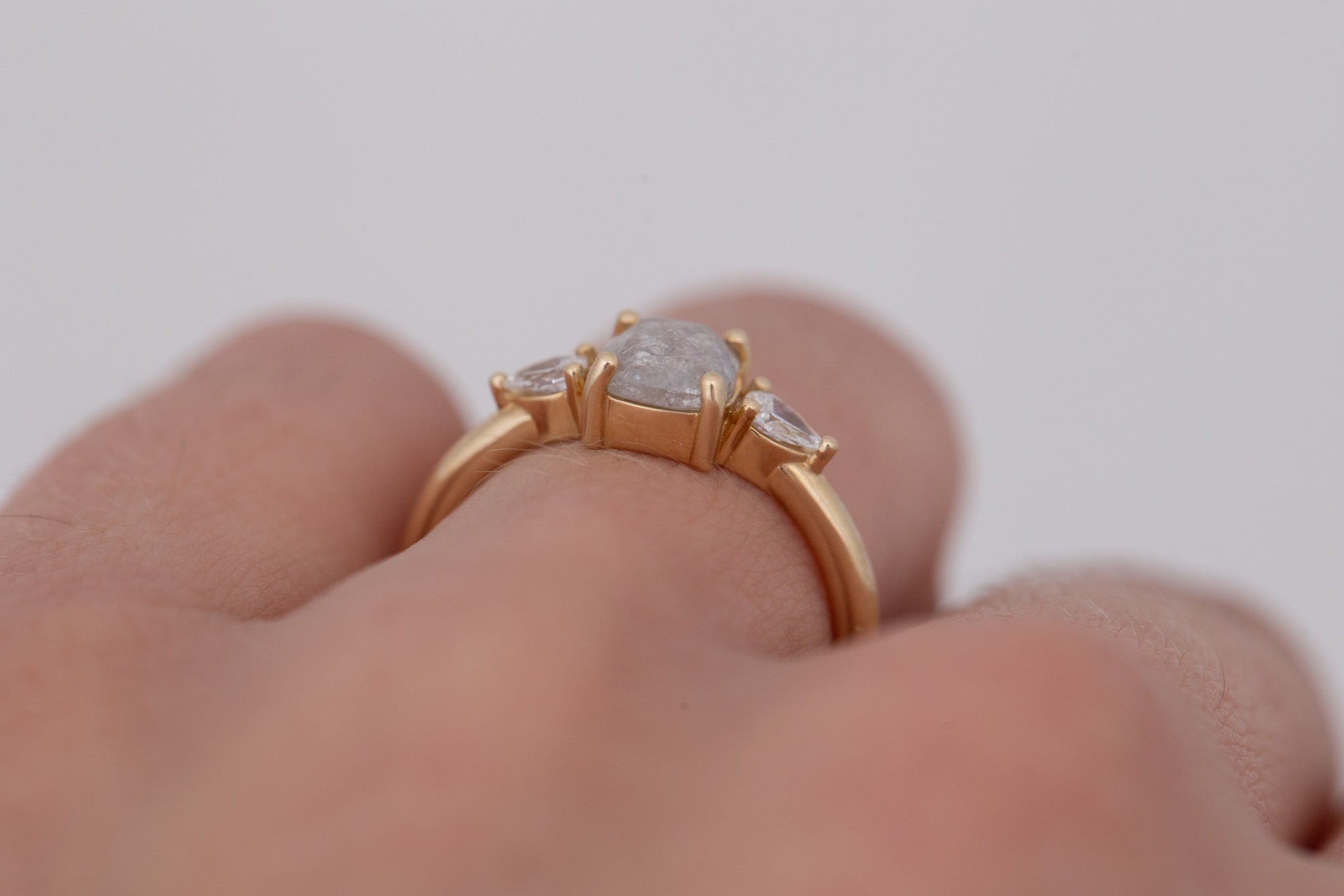 Iris Ring | Salt and Pepper Cushion Cut Diamond + Pear Diamond Accent Engagement Ring 0.84 ct | 14k Recycled Gold | One of a Kind