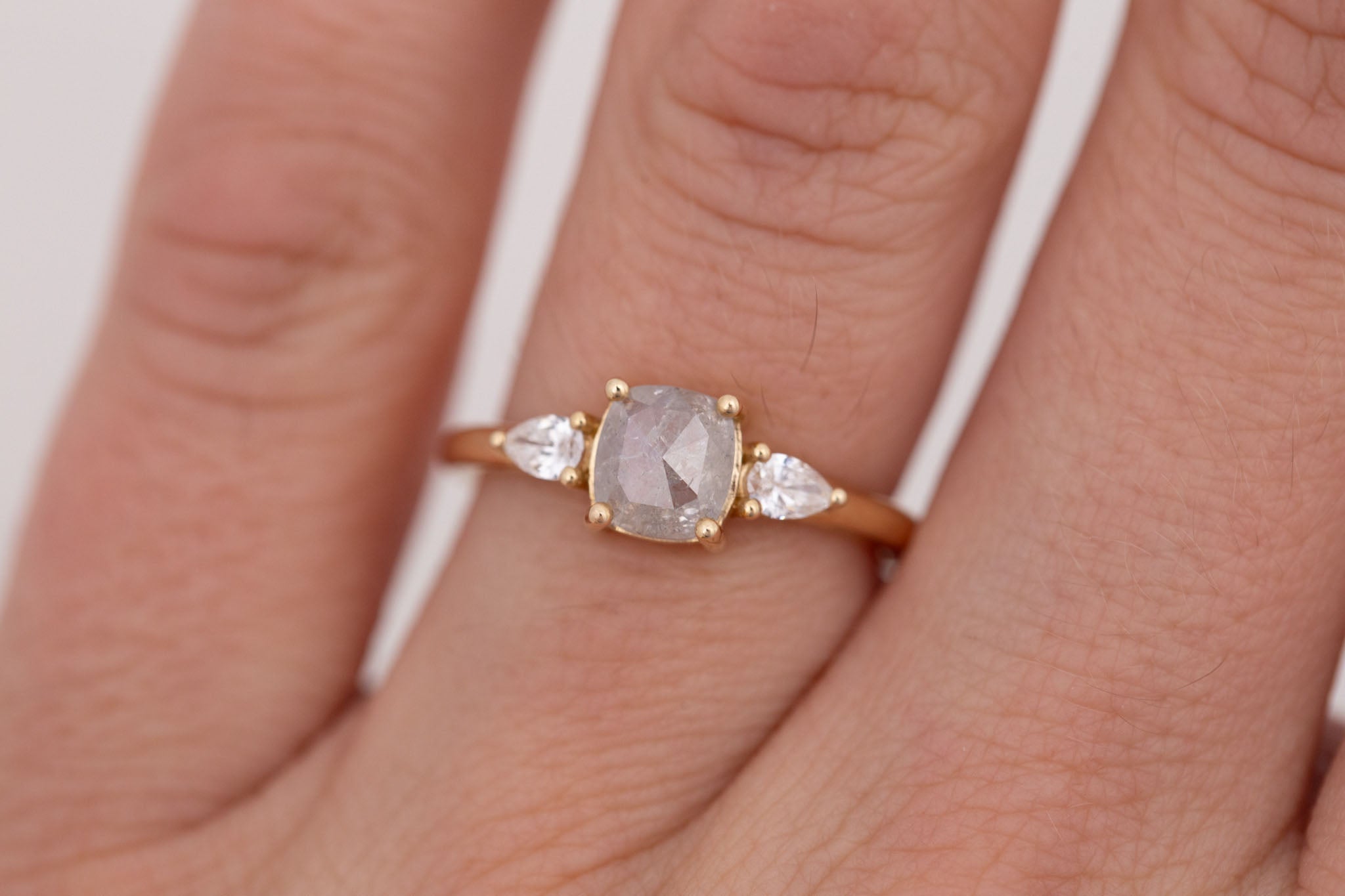 Iris Ring | Salt and Pepper Cushion Cut Diamond + Pear Diamond Accent Engagement Ring 0.84 ct | 14k Recycled Gold | One of a Kind