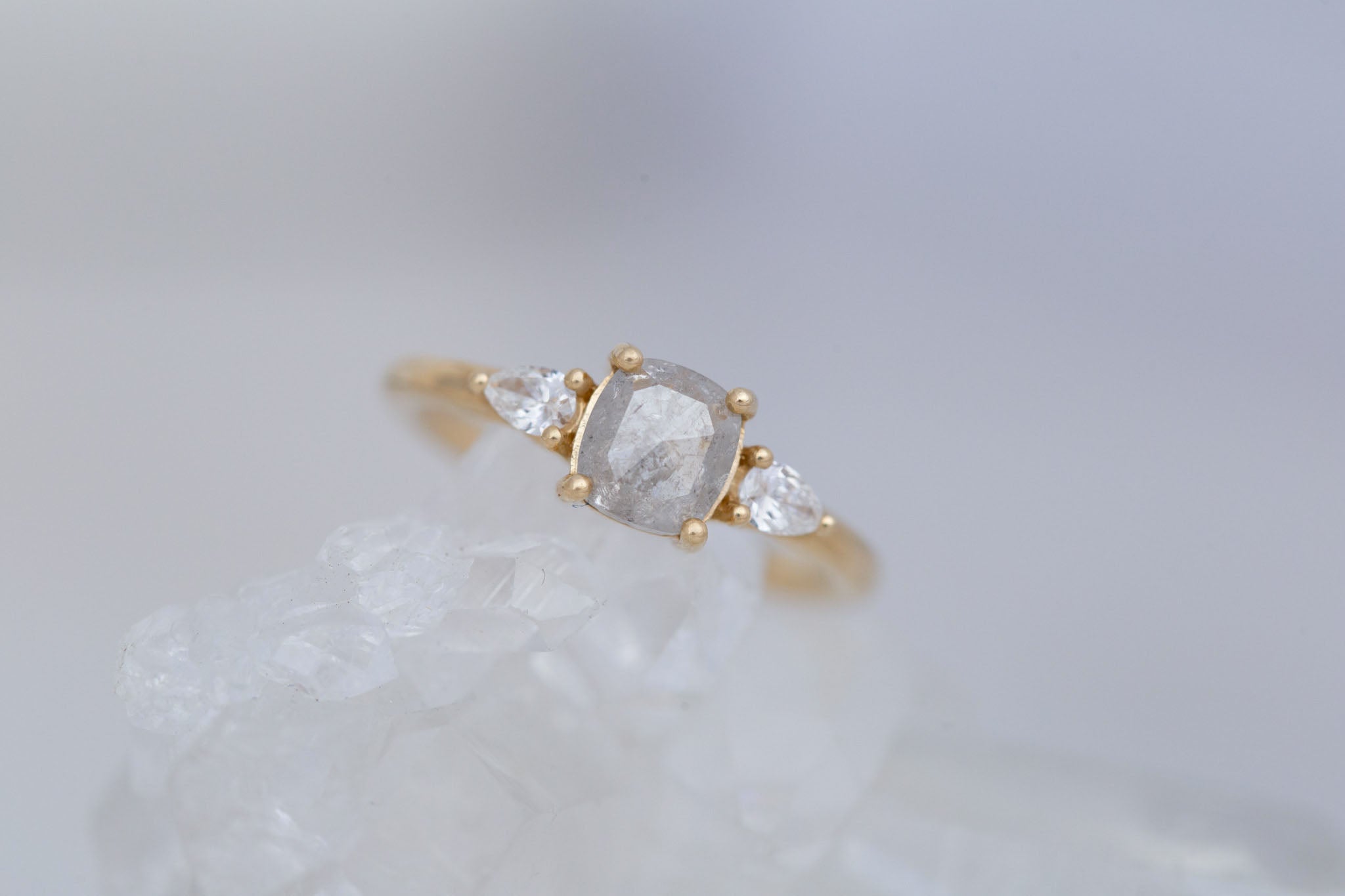 Iris Ring | Salt and Pepper Cushion Cut Diamond + Pear Diamond Accent Engagement Ring 0.84 ct | 14k Recycled Gold | One of a Kind