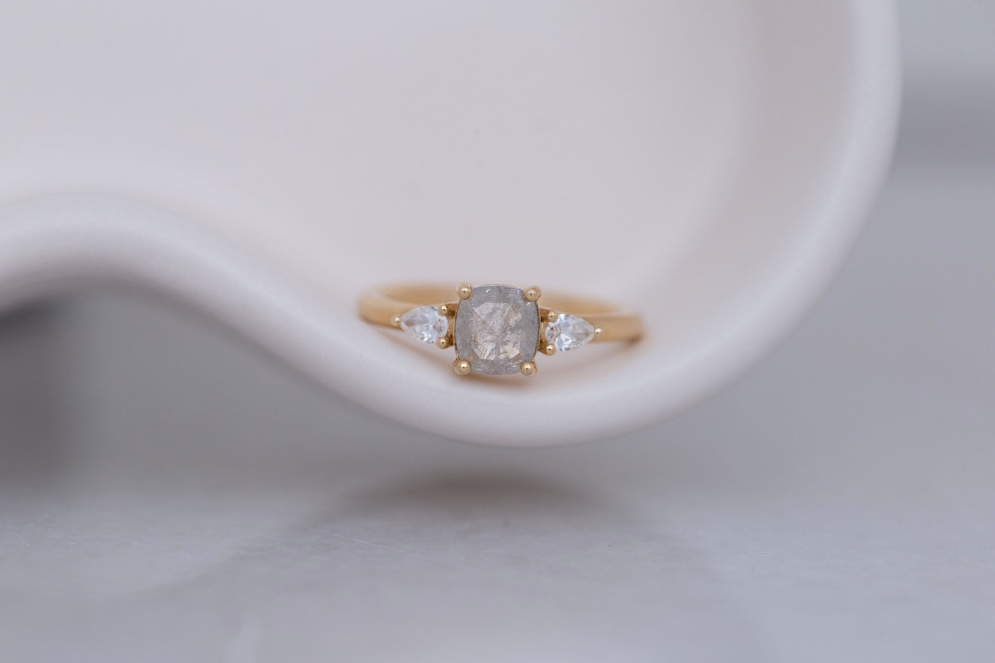Iris Ring | Salt and Pepper Cushion Cut Diamond + Pear Diamond Accent Engagement Ring 0.84 ct | 14k Recycled Gold | One of a Kind