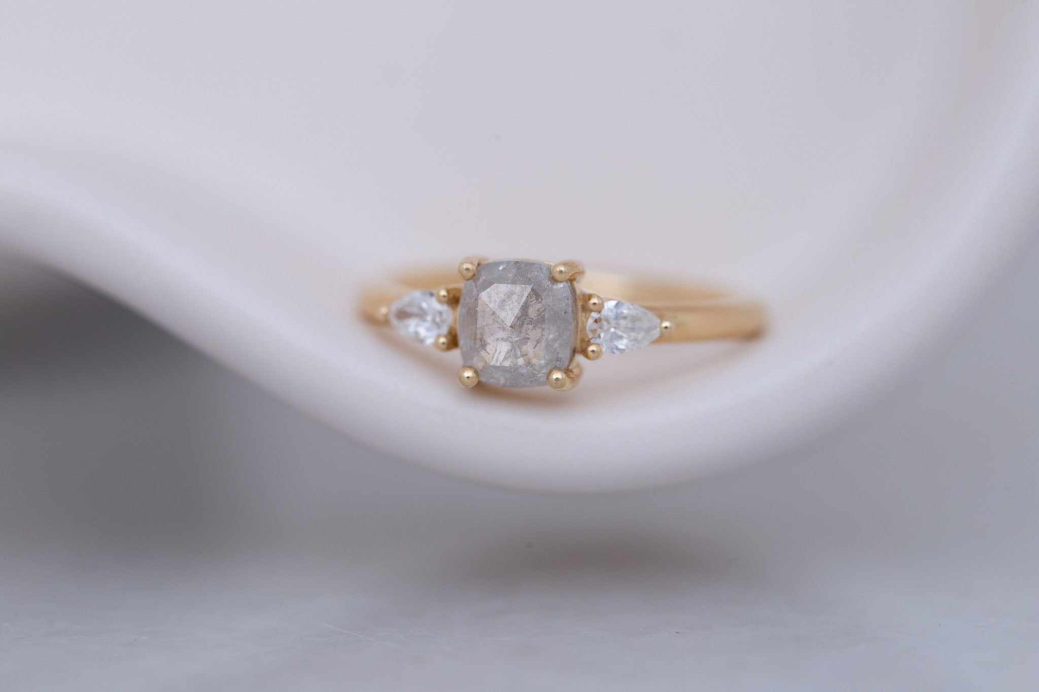 Iris Ring | Salt and Pepper Cushion Cut Diamond + Pear Diamond Accent Engagement Ring 0.84 ct | 14k Recycled Gold | One of a Kind