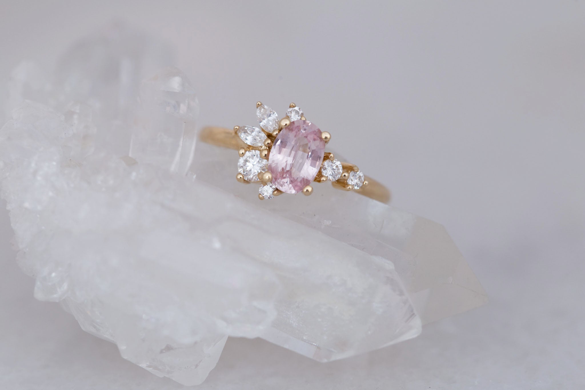 Ambretta Ring | Pink Oval Sapphire + Diamond Cluster Engagement Ring 1.05 ct | 14k Recycled Gold | One of a Kind