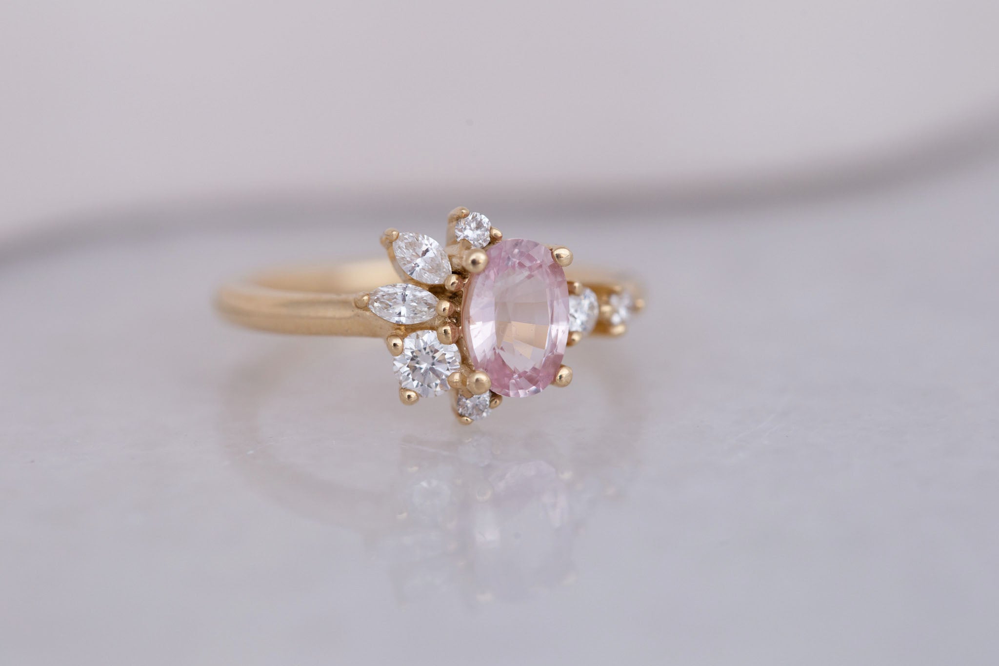 Ambretta Ring | Pink Oval Sapphire + Diamond Cluster Engagement Ring 1.05 ct | 14k Recycled Gold | One of a Kind
