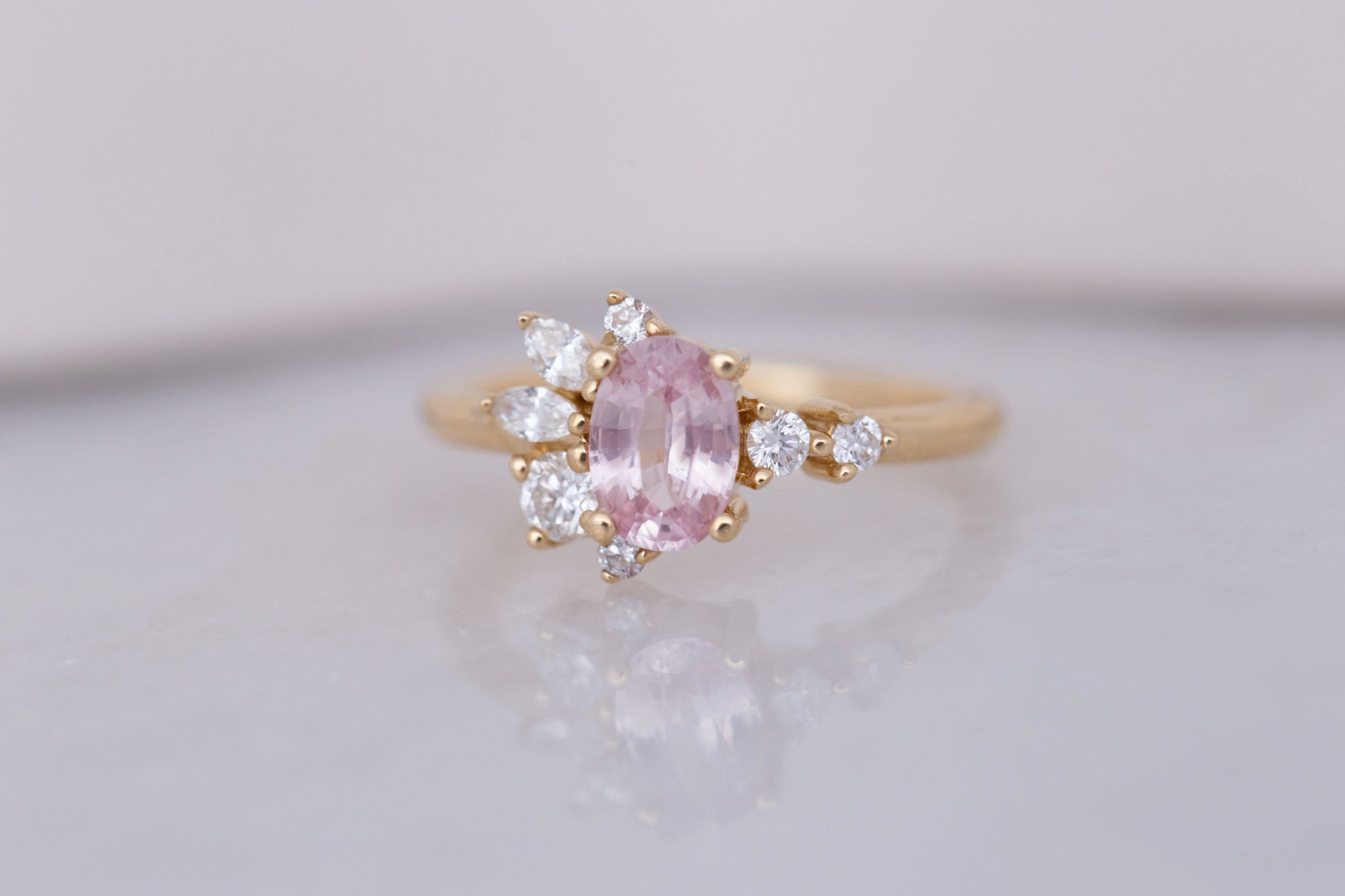 Ambretta Ring | Pink Oval Sapphire + Diamond Cluster Engagement Ring 1.05 ct | 14k Recycled Gold | One of a Kind