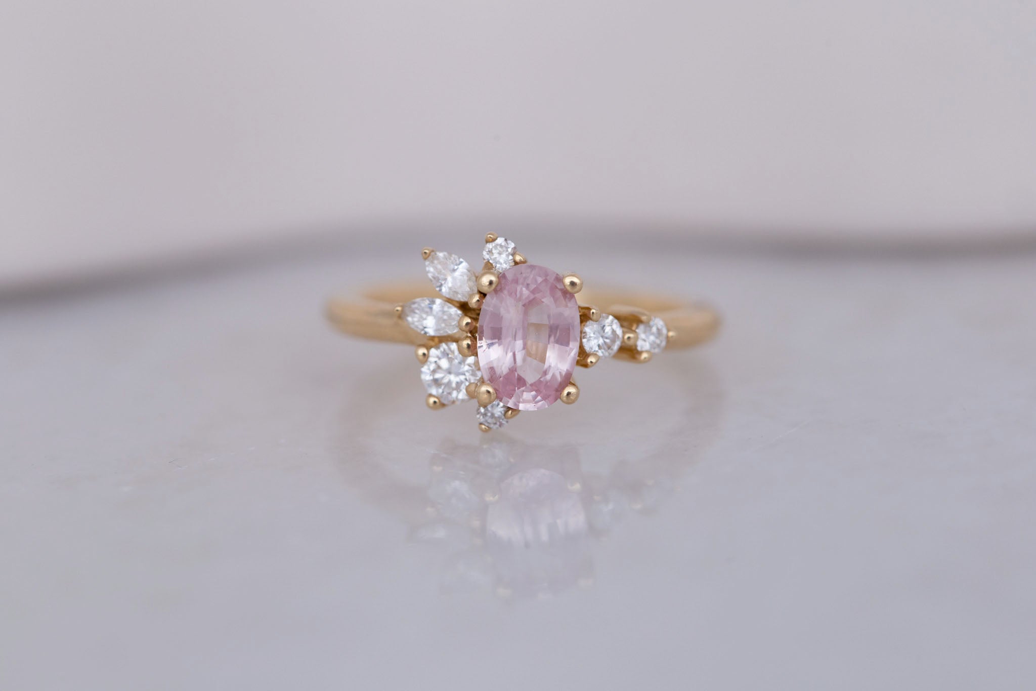 Ambretta Ring | Pink Oval Sapphire + Diamond Cluster Engagement Ring 1.05 ct | 14k Recycled Gold | One of a Kind