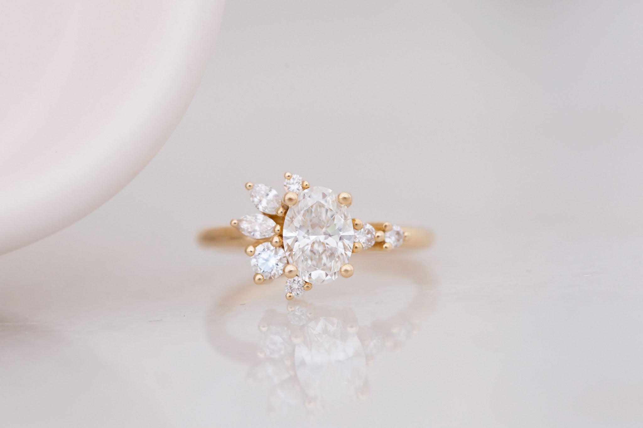 Ambretta Ring | Lab Oval Diamond + Lab Diamond Cluster Engagement Ring 1.09 ct | 14k Recycled Gold | One of a Kind