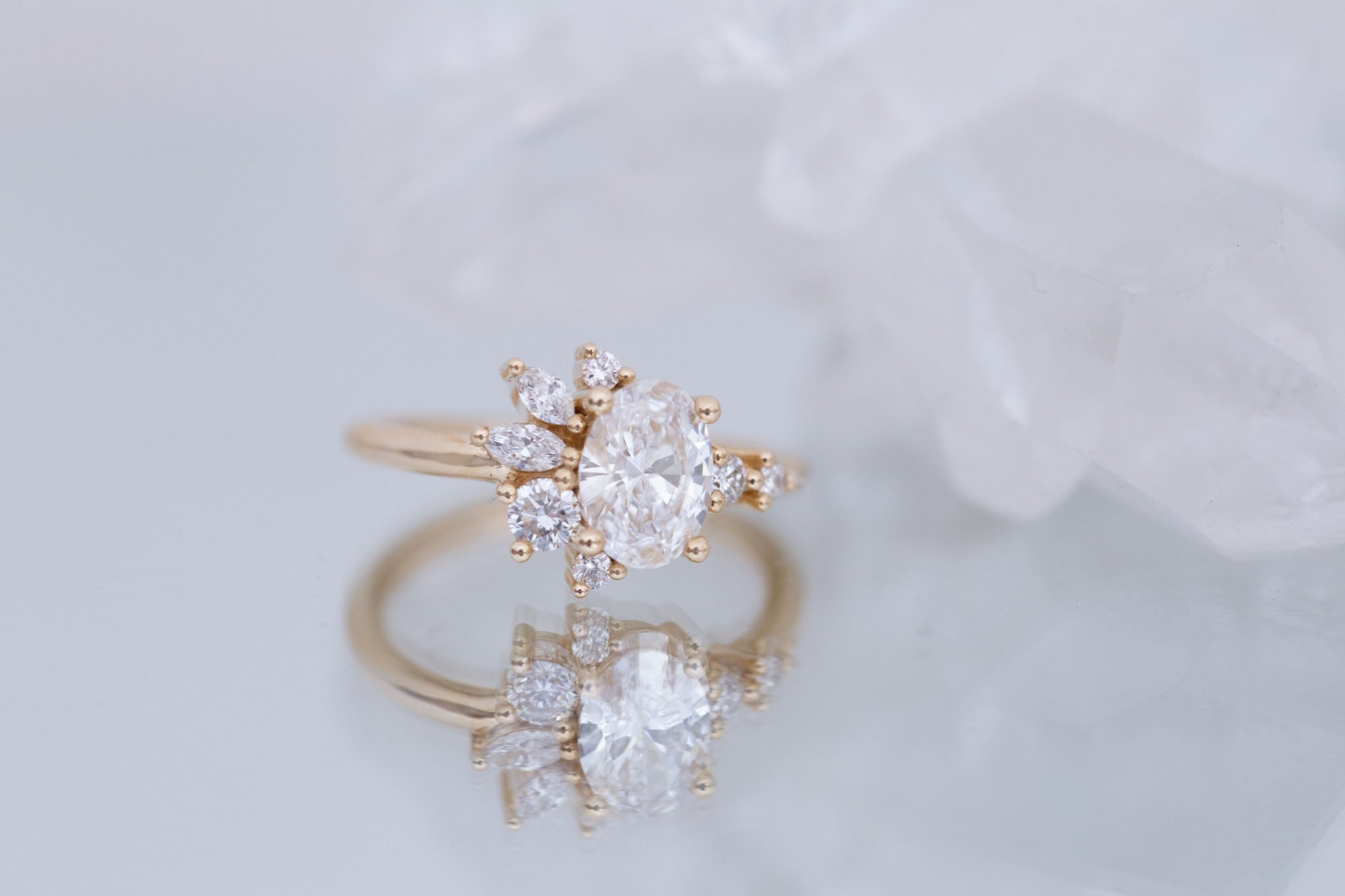 Ambretta Ring | Lab Oval Diamond + Lab Diamond Cluster Engagement Ring 1.05 ct | 14k Recycled Gold | One of a Kind