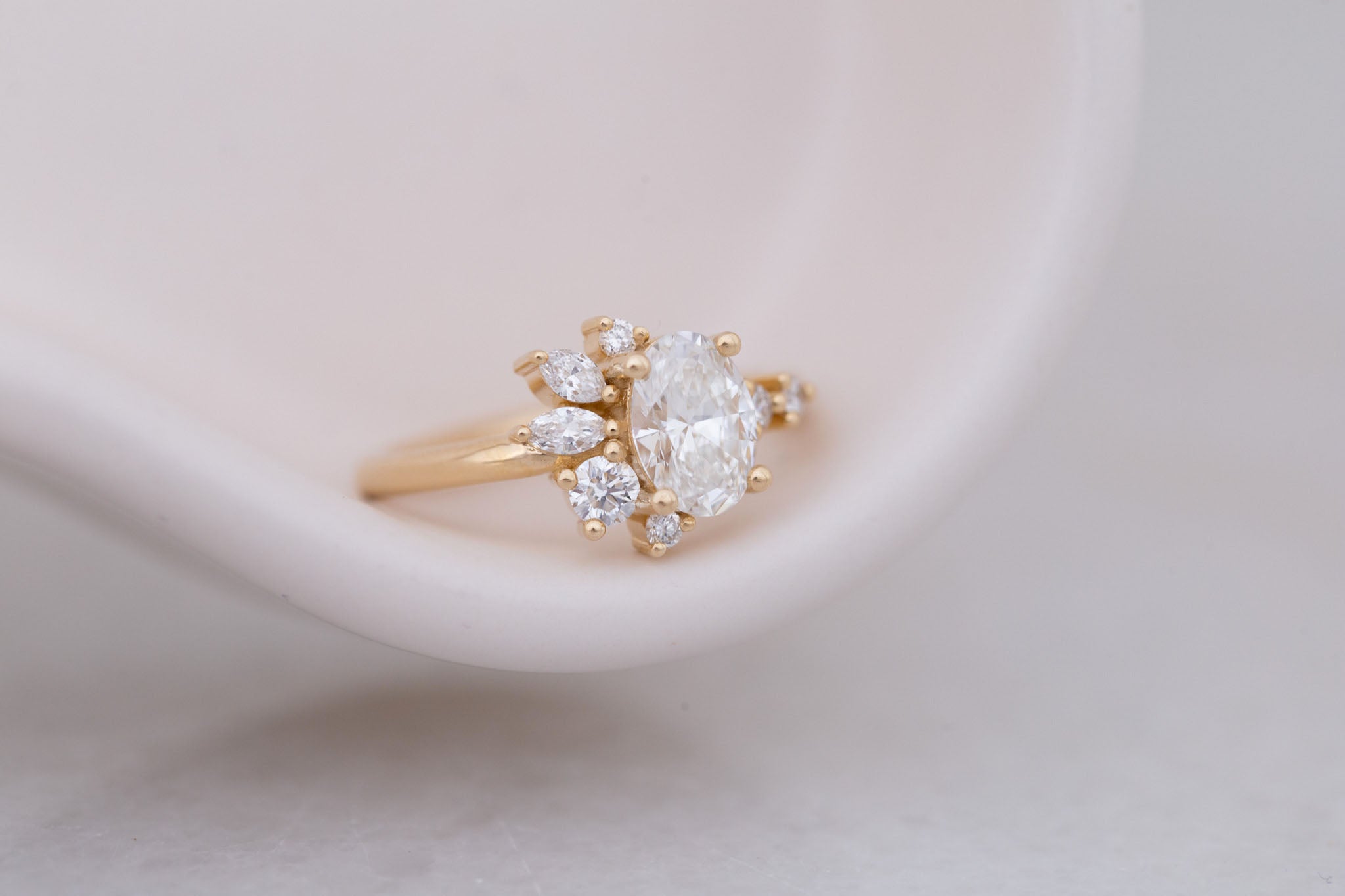 Ambretta Ring | Lab Oval Diamond + Lab Diamond Cluster Engagement Ring 1.09 ct | 14k Recycled Gold | One of a Kind