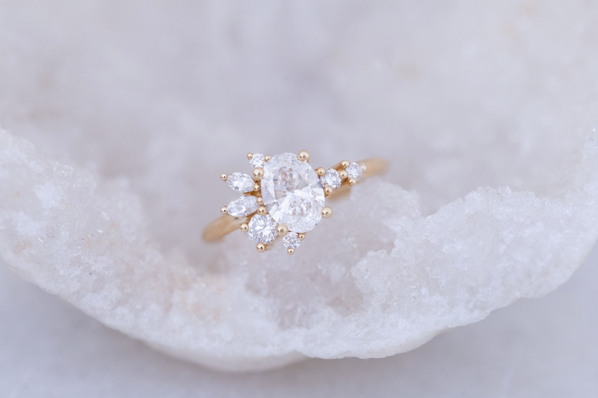 Ambretta Ring | Lab Oval Diamond + Lab Diamond Cluster Engagement Ring 1.05 ct | 14k Recycled Gold | One of a Kind
