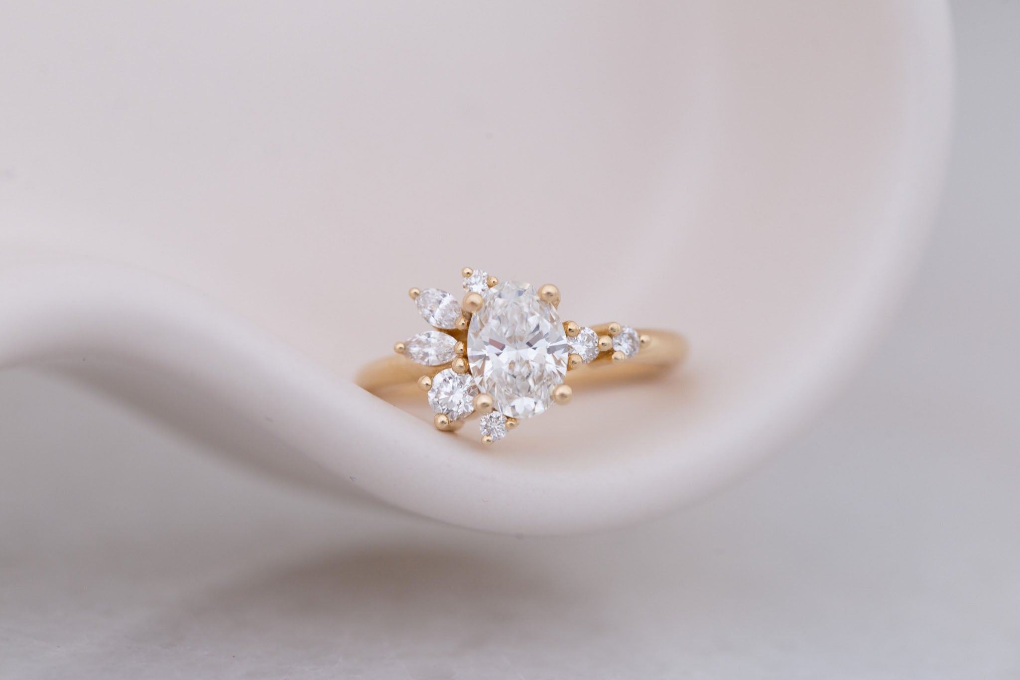 Ambretta Ring | Lab Oval Diamond + Lab Diamond Cluster Engagement Ring 1.09 ct | 14k Recycled Gold | One of a Kind