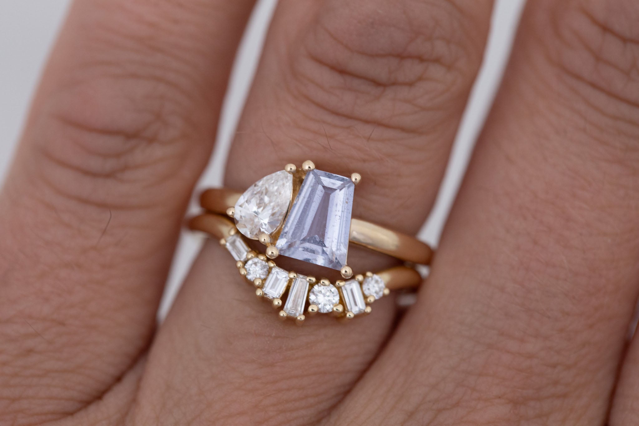 Liana Ring | Lavender Trapezoid Sapphire + Pear Diamond Engagement Ring 1.07 ct | 14k Recycled Gold | One of a Kind