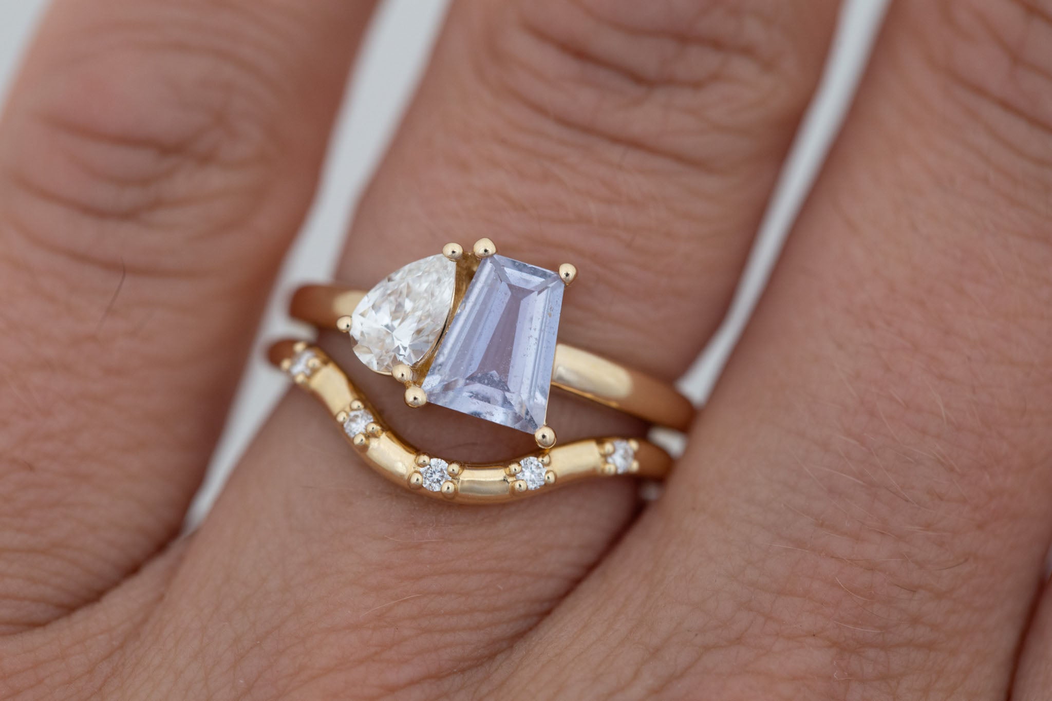 Liana Ring | Lavender Trapezoid Sapphire + Pear Diamond Engagement Ring 1.07 ct | 14k Recycled Gold | One of a Kind